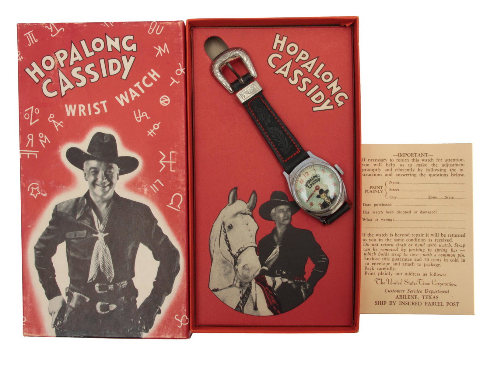 A COLLECTIBLE HOPALONG CASSIDY WRIST WATCH: This is a vintage Hopalong Cassidy Cowboy style wristwatch in the original box, made by US Time Corporation circa 1950s. Dimensions: Box size; 7 x 4 in.