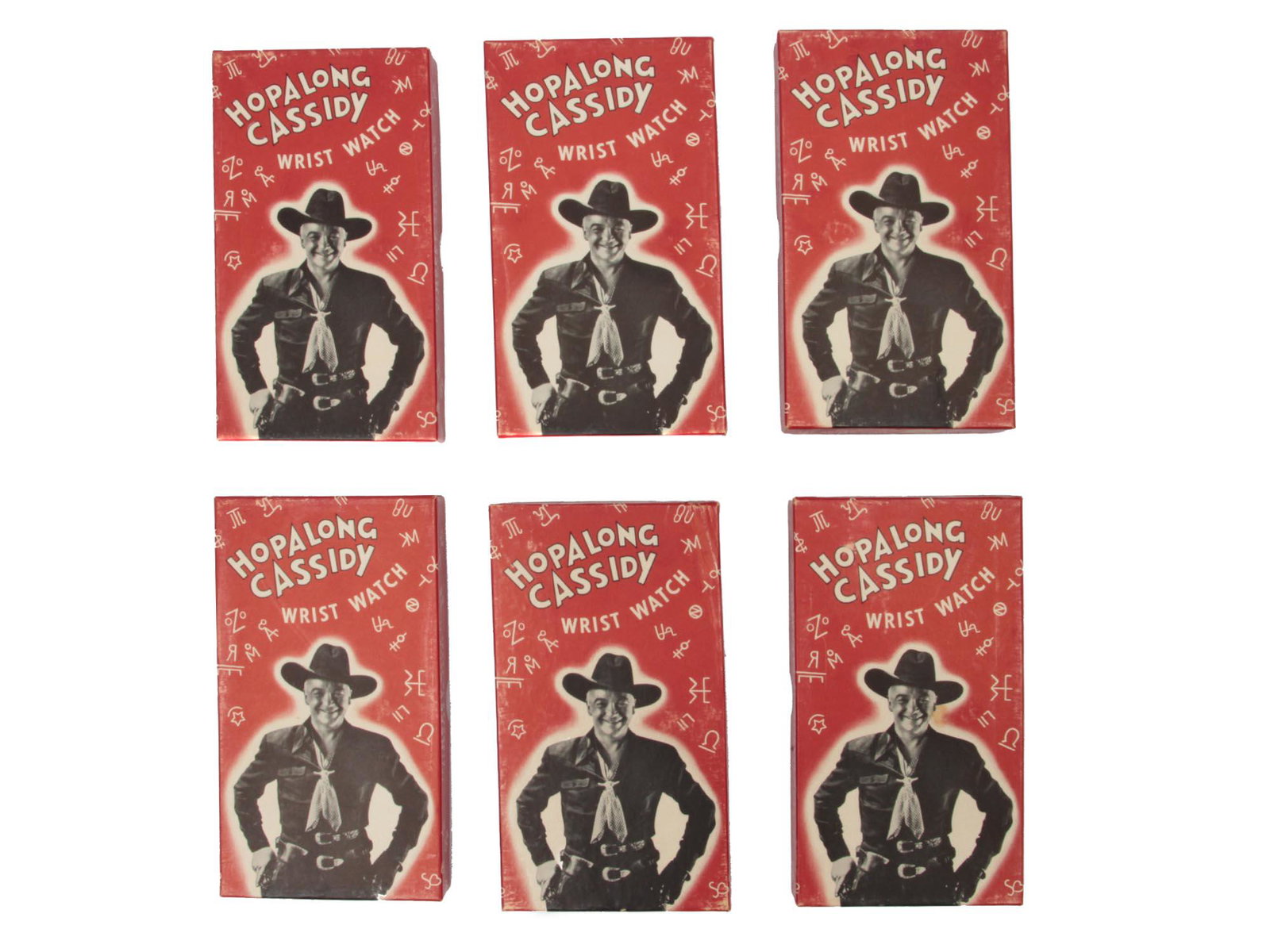 A LOT OF 6 VINTAGE HOPALONG CASSIDY WATCH: A group of Hopalong Cassidy watches in original boxes. Dimensions: Box: 7 x 4 in.