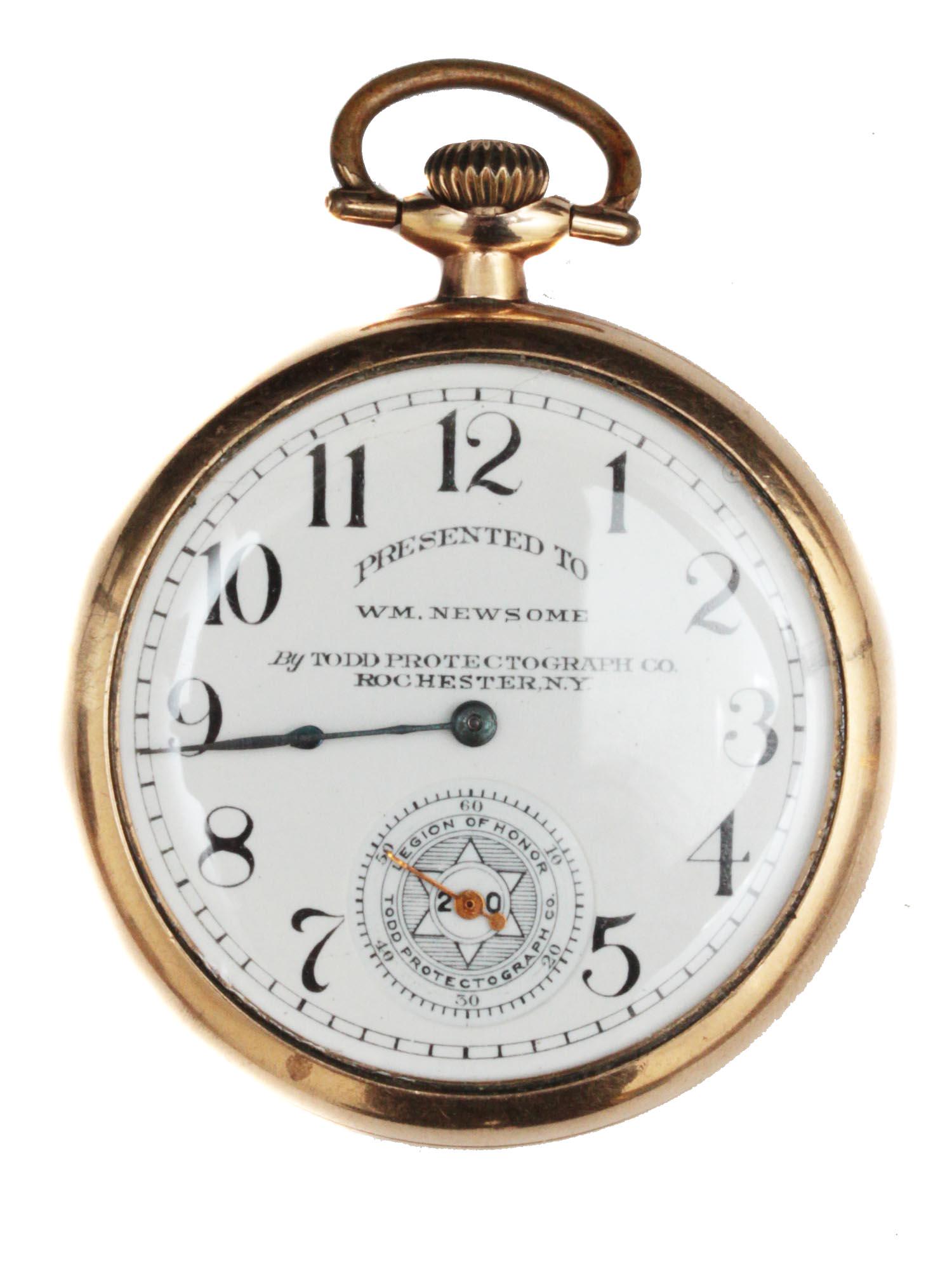 AN ANTIQUE GOLD FILLED POCKET WATCH: This is a W.W.CO., Waltham Massachusetts Adjustable gold filled and 17 jewels pocket watch with a Legion of Honor inscription in a perfect work condition.Weight: 2.5 oz. Dimensions: D:1 3/4 in.
