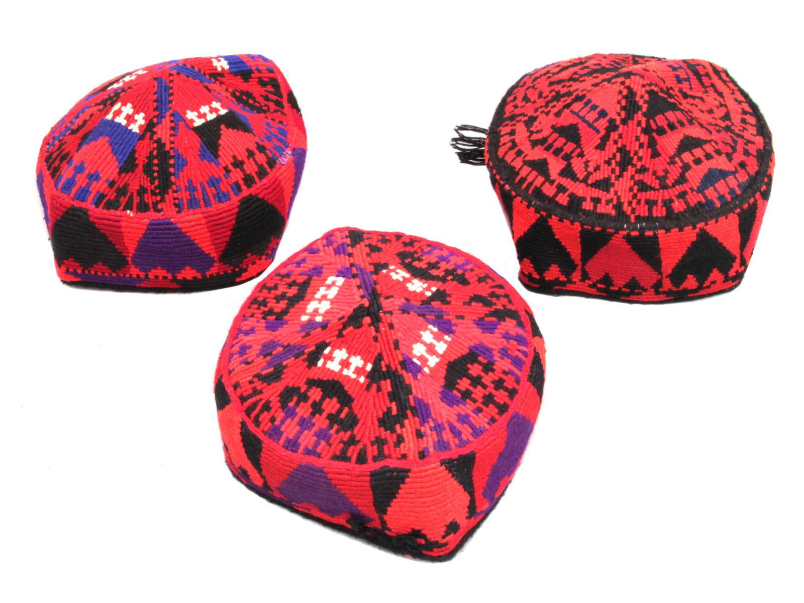 Set of 3 Uzbek and Turkmen Hats, Afghanistan: Traditional Red hats with small tail in the back wear by Uzbek and Turkmen tribe of Afghanistan Dimensions: Circumference: L: 22" | L: 22" | L:22"