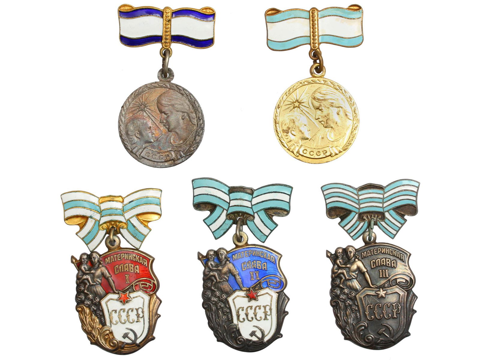 SOVIET ORDERS OF MATERNAL GLORY AND MOTHERHOOD: This lot includes a full set of Soviet Orders awarded to mothers. An Order of Maternal Glory 1st Class, No. 708591; 2nd Class, No.523765; 3rd Class, No. 1164484, all orders are made of silver with red