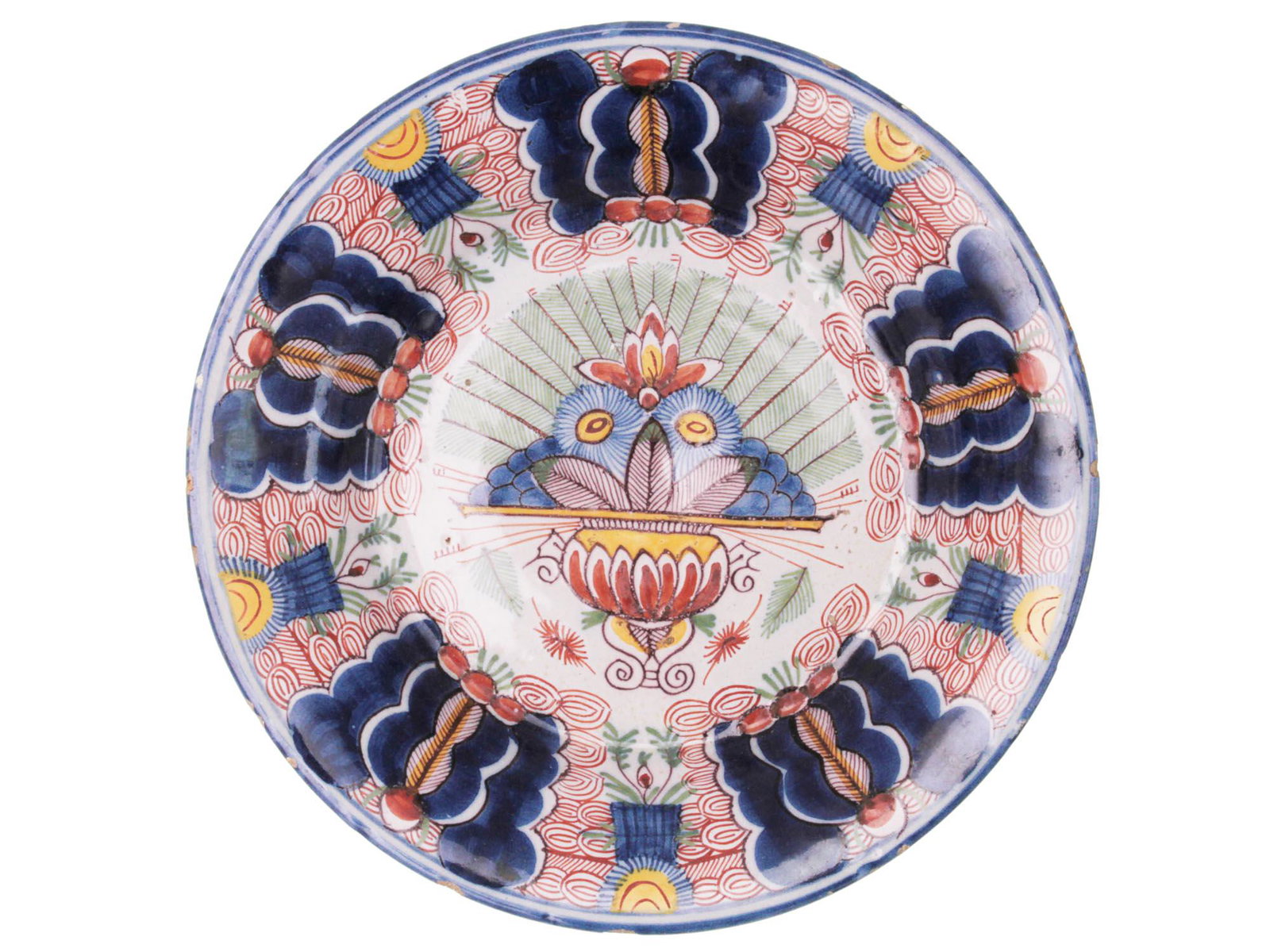 AN ANTIQUE KOREAN PORCELAIN PLATE: An unusual antique Korean porcelain plate with traditional design in the center and along the borders. Very similar to Japanese Imari Ware. Circa early 20th century. Dimensions: 9 x 9 x 1 1/2 in.