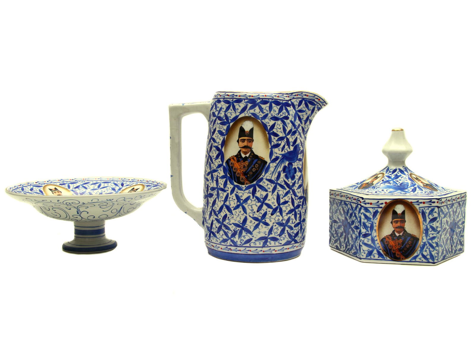 EARLY SOVIET UKRANIAN PORCELAIN COFFEE SET, 1920: A rare early Soviet hand painted porcelain coffee set featuring the image of Nasir al-Din Shah (1848-96), a Shah of Persia. Made by VSEUKRTREST (Ukraine), ca. 1920. The set includes a jar, charger and