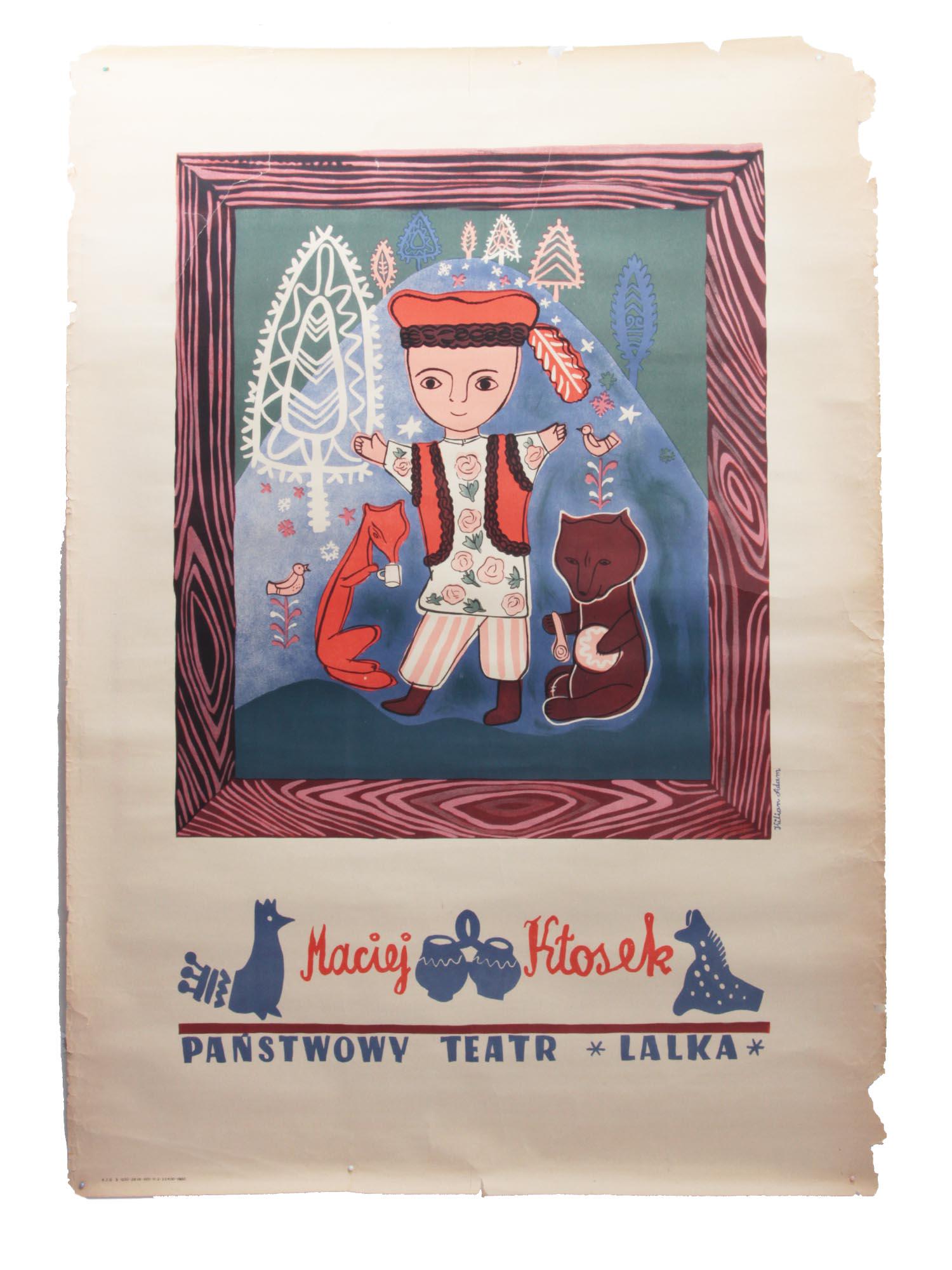 A PLAYBILL FOR THE TEATR LALKA BY ADAM KILIAN: A playbill of the Polish Puppet Theater by artist Adam Kilian. Color offset. Signed in print on the right "Adam Kilian." On the reverse of the poster is a handwritten commemorative inscription: "For M