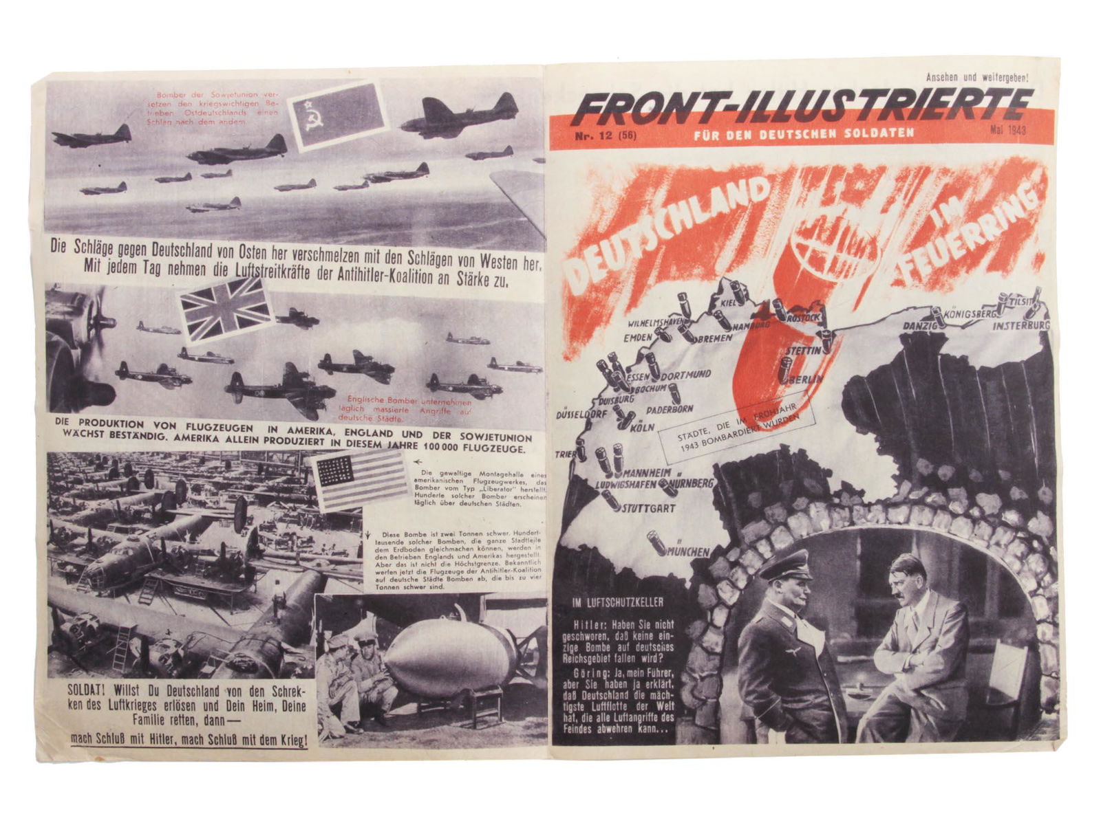 A VINTAGE RUSSIAN SOVIET WWII PROPAGANDA POSTER: A vintage Soviet propaganda leaflet "Front-Illustrierte fur den Deutschen Soldaten" â„–12 (56), Mai 1943. Includes photo collages, short texts, captions in German. These leaflets were distributed