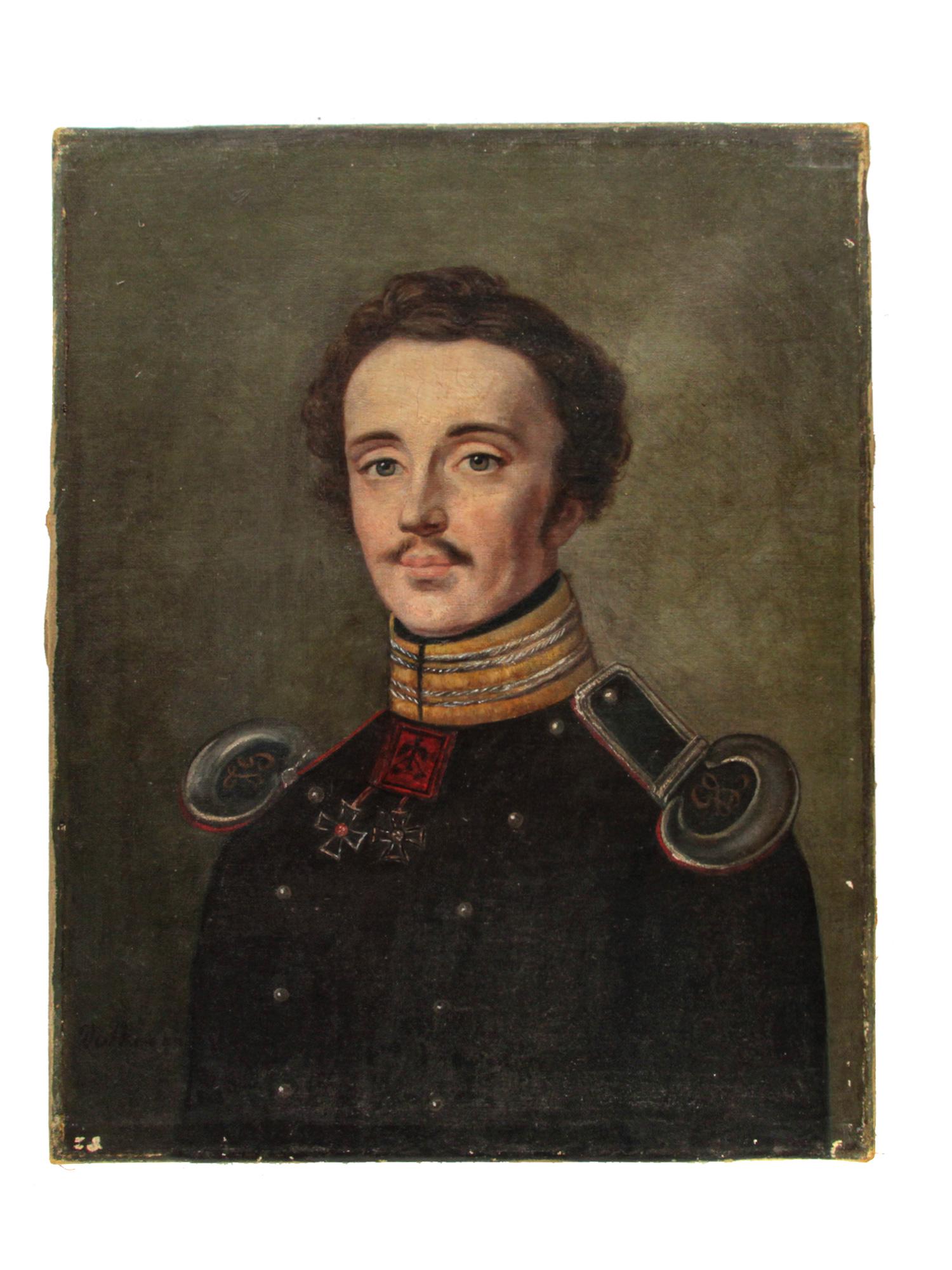 AN OIL PAINTING WITH AN AUSTRIAN OFFICER 19TH C: A German school oil on canvas portrait of an officer. With the artist's signature: "Volkmann" lower left. The image of an officer is interpreted in the style of romanticism. A calm greenish background