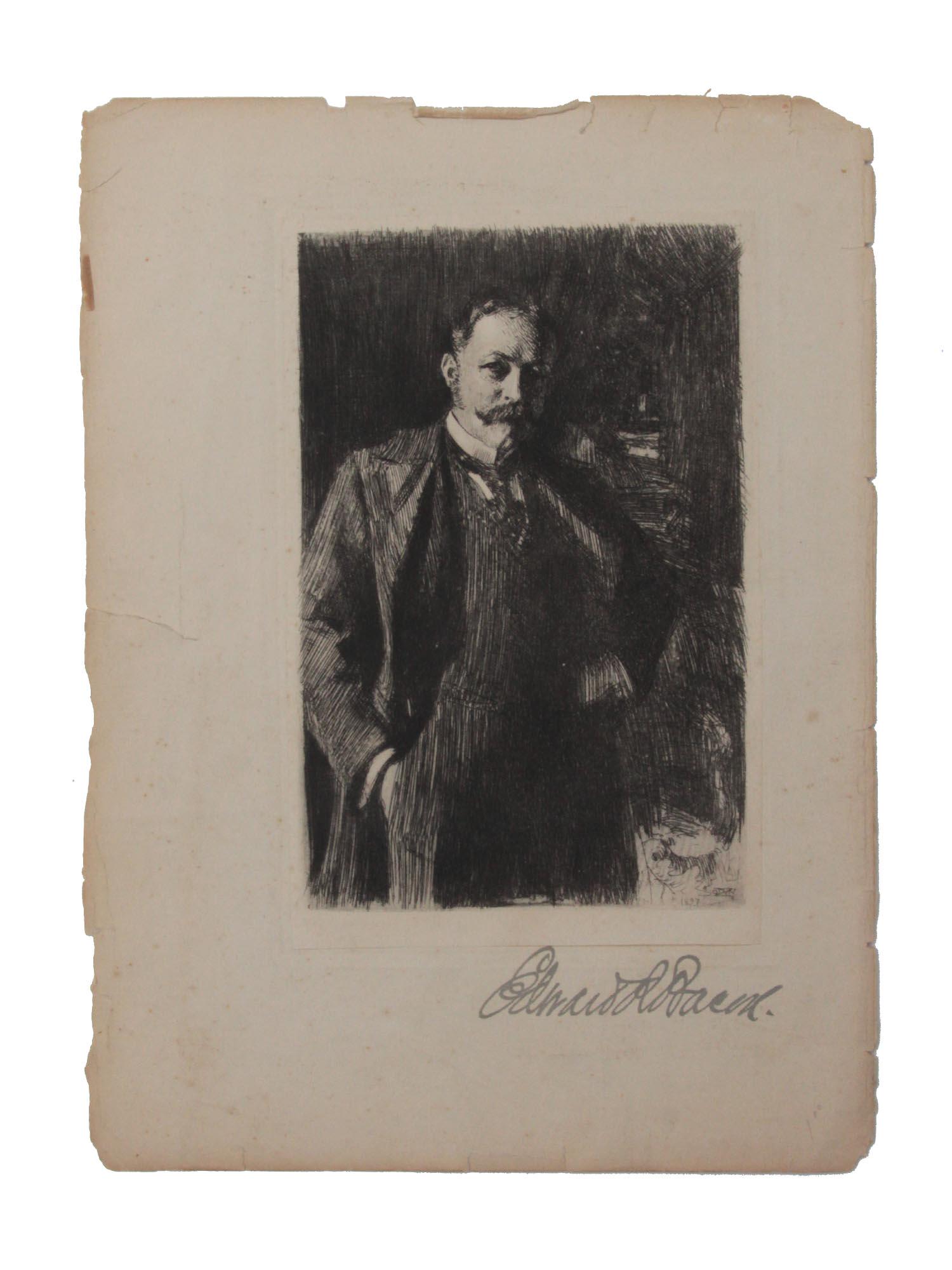AN ORIGINAL ANTIQUE ETCHING BY ANDERS ZORN: This is a rare self portrait etching by artist Anders Zorn. Anders Leonard Zorn was one of Sweden's foremost artists. He obtained international success as a painter, sculptor, and etcher. Among Zorn's