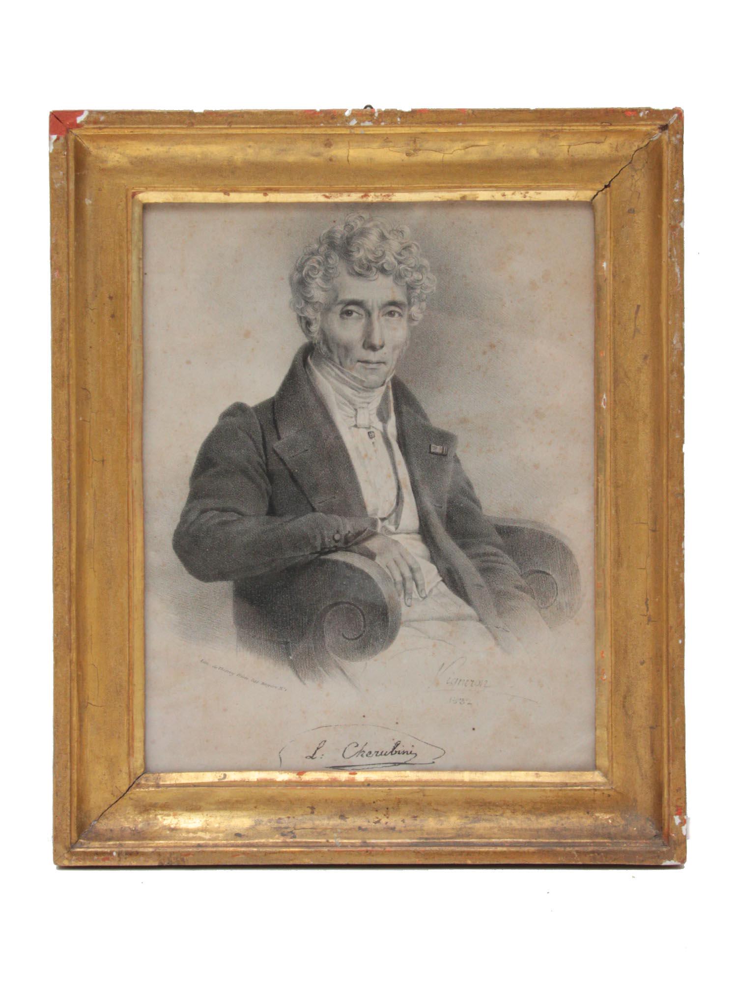 AN ANTIQUE ENGRAVING OF LUIGI CHERUBINI: An original antique engraving portrait of Luigi Cherubini 1760-1842. Signed and dated 1832. Luigi Cherubini was an Italian Classical and Romantic composer. His most significant compositions are operas