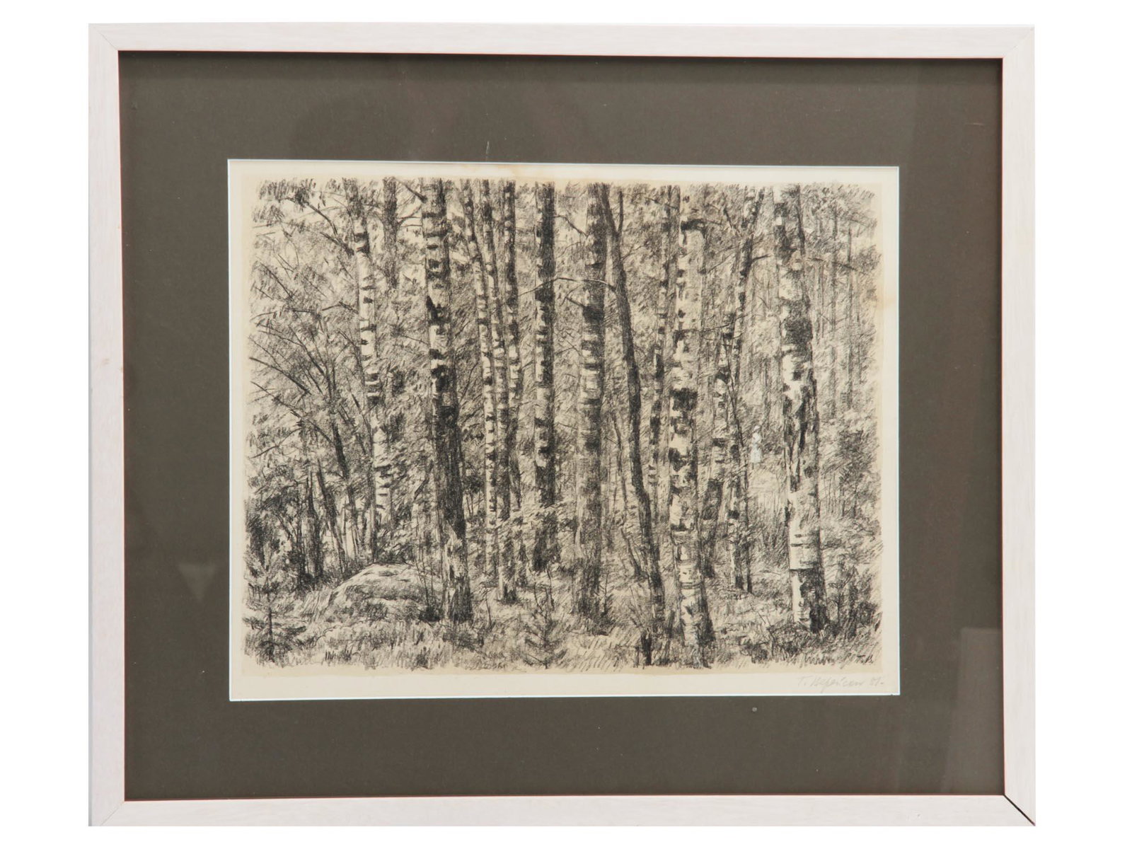 A RUSSIAN SIGNED LITHOGRAPH BY GEORGY VEREISKY: The lithograph depicts a birch forest. To the far right is visible a small female figure in a white dress and a hat. The artist managed to convey the play of light and shadow with great skill. The art