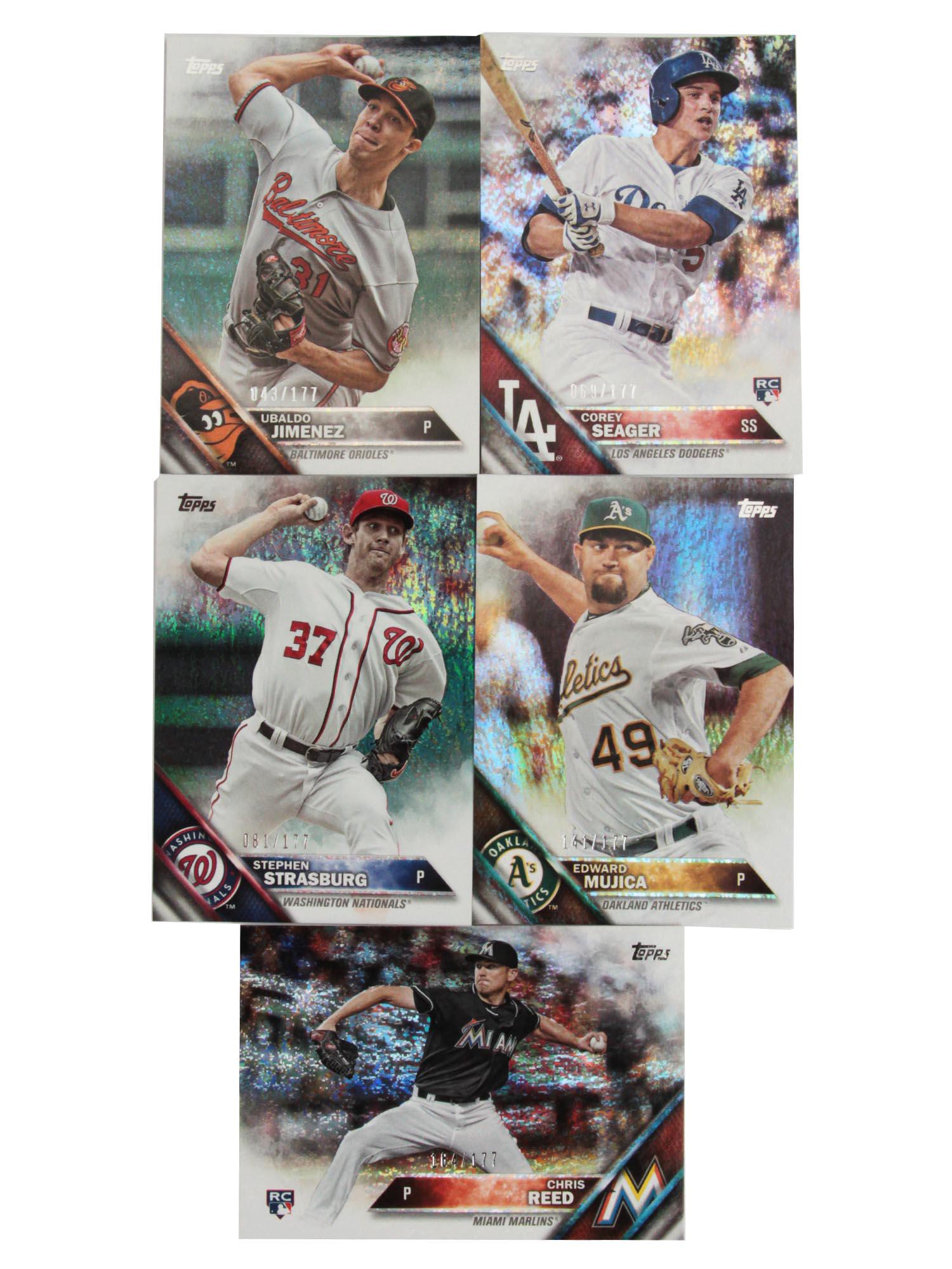 A SET OF FIVE BASEBALL COLLECTIBLE CARDS: This set includes: Topps #88 Ubaldo Jimenez Baltimore Orioles, series one. Topps #85 Corey Seager Los Angeles Dodgers, series one. Topps #637 Stephen Strasburg Washington Nationals, series two.Topps #