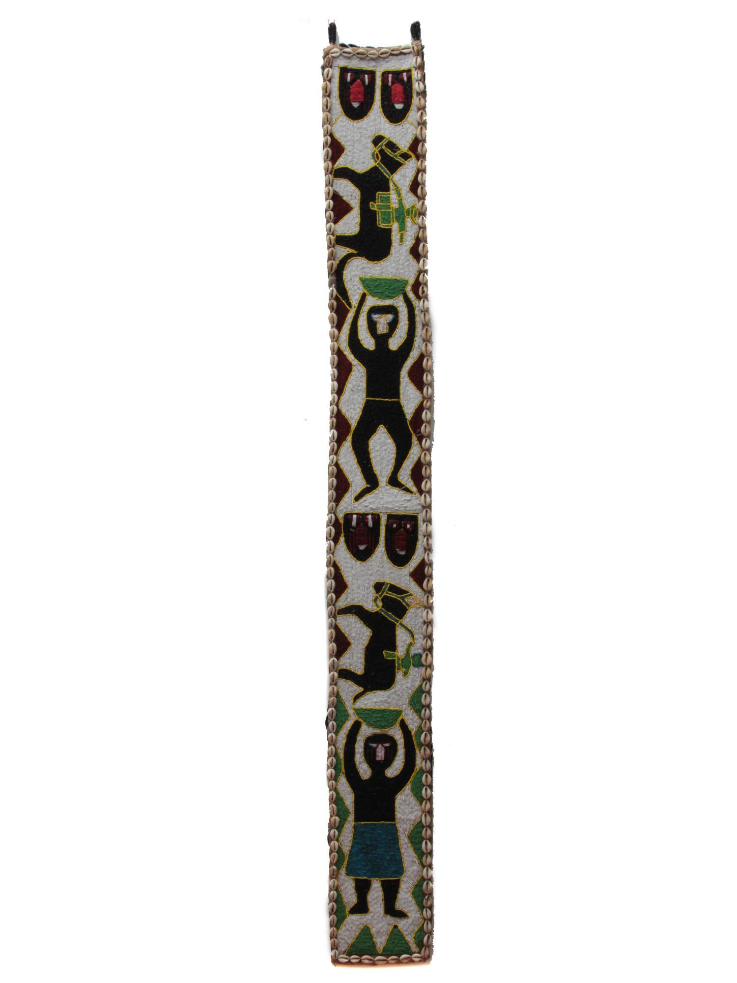 A VINTAGE RARE BEADED TAPESTRY: This is very interesting and unique vintage beaded tapestry with seashell borders. Dimensions: 65 x 7 1/2 in.