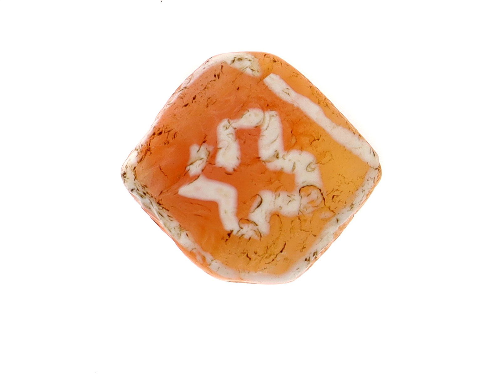 A CROSSED DECORATED ETCHED CARNELIAN BEAD, 2500 B.C: Double-sided cross etched carnelian bead, Western Asiatic. Dimensions: L: 9/16 in., 14 mm.