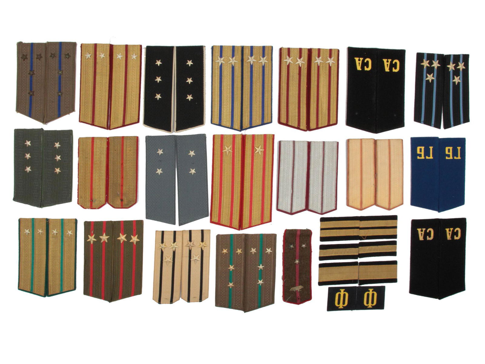 A SET OF 24 RUSSIAN SOVIET SHOULDER BOARDS: A set of 24 shoulder boards for Soviet Air Force, Armored Forces, Border Guards, and Infantry soldiers. Dimensions: Various dimensions