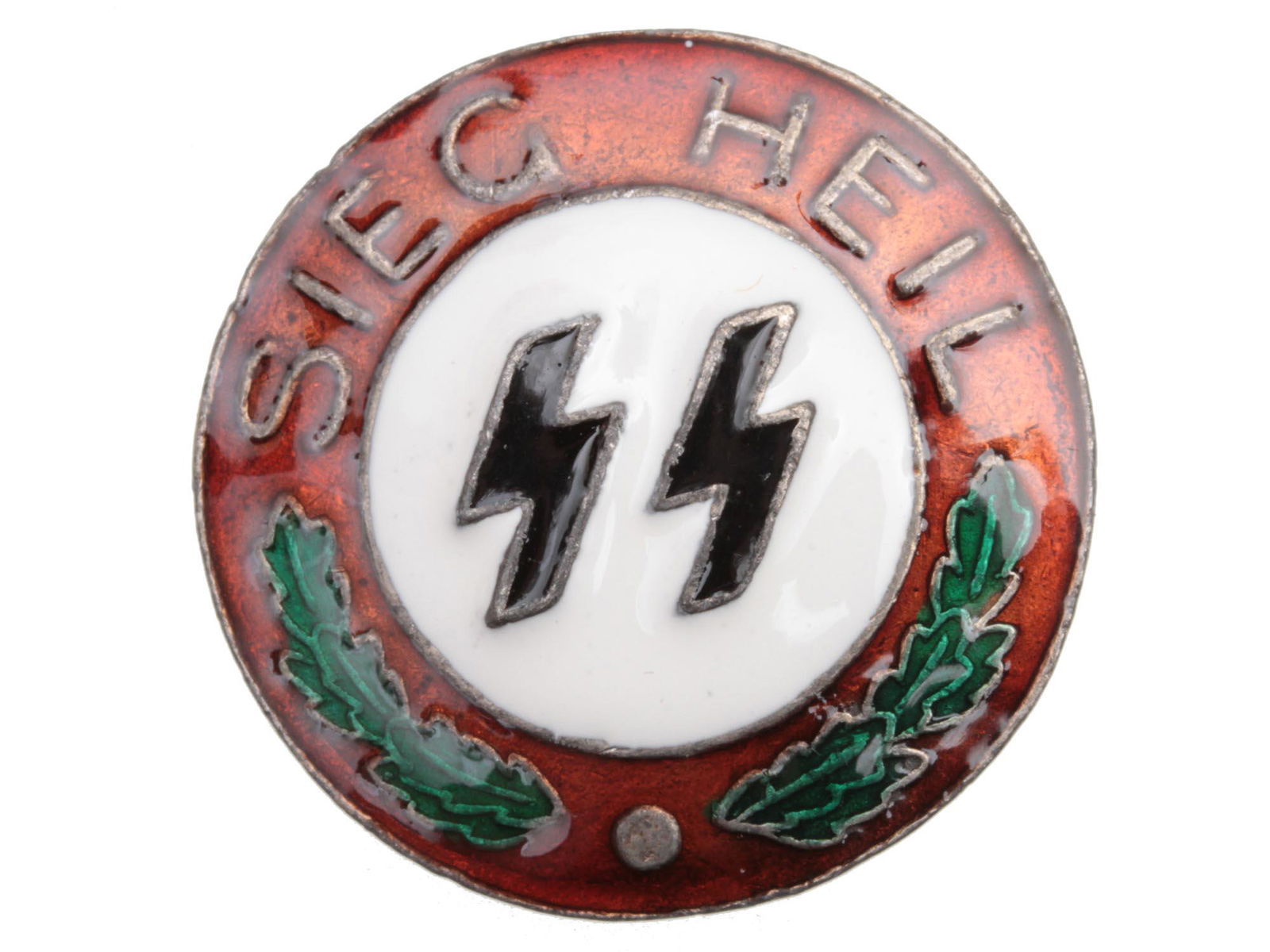 A WWII GERMAN WAFFEN SS RUNIC BADGE: This is a German Sieg Heil swastika badge. It has a pair of Waffen SS runes on the center with oak leaves and Sieg Heil borders. This badge combines nickel and enamel construction, with a swastika and