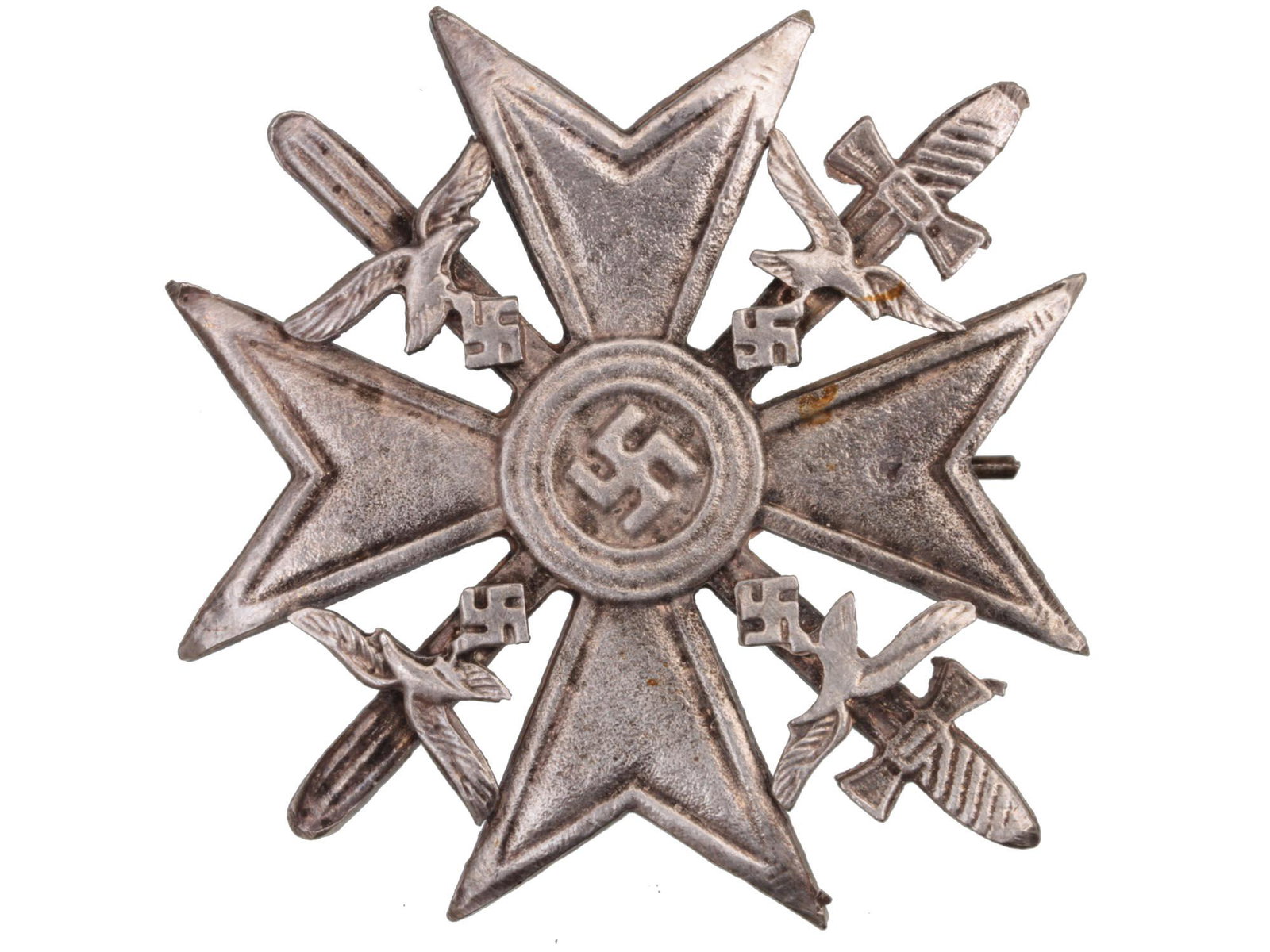 A WWII GERMAN 3RD REICH SPANISH CROSS WITH SWORDS: This is a Spanish Cross with Swords pin, it is a multi-piece construction with the eagles soldered between the arms of the cross and with the nazi swastika in the center. The pin was awarded to member