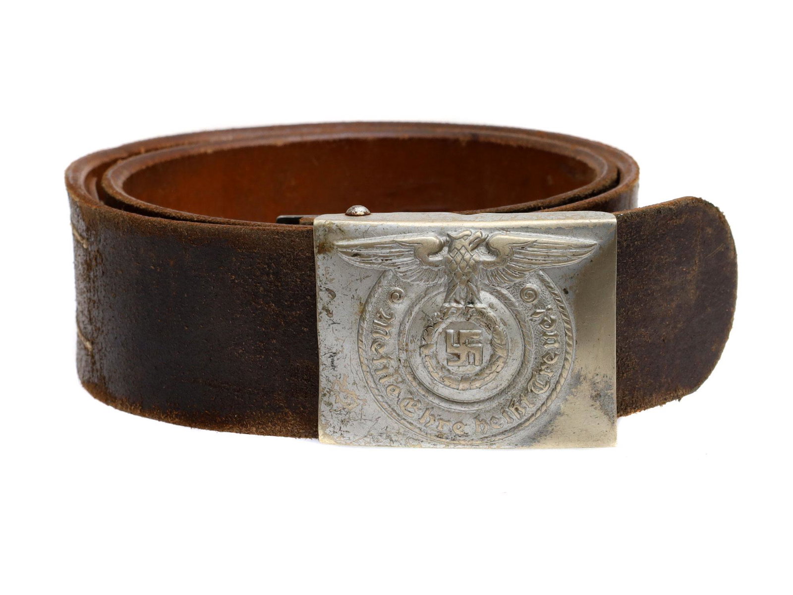A VINTAGE GERMAN SS WWII BELT WITH BUCKLE: Lot includes a German Schutzstaffel (SS) belt buckle, RZM marked. The Schutzstaffel was founded on April 4, 1925, and was a major paramilitary group during the Second World War. Dimensions: L: 31 1/4 
