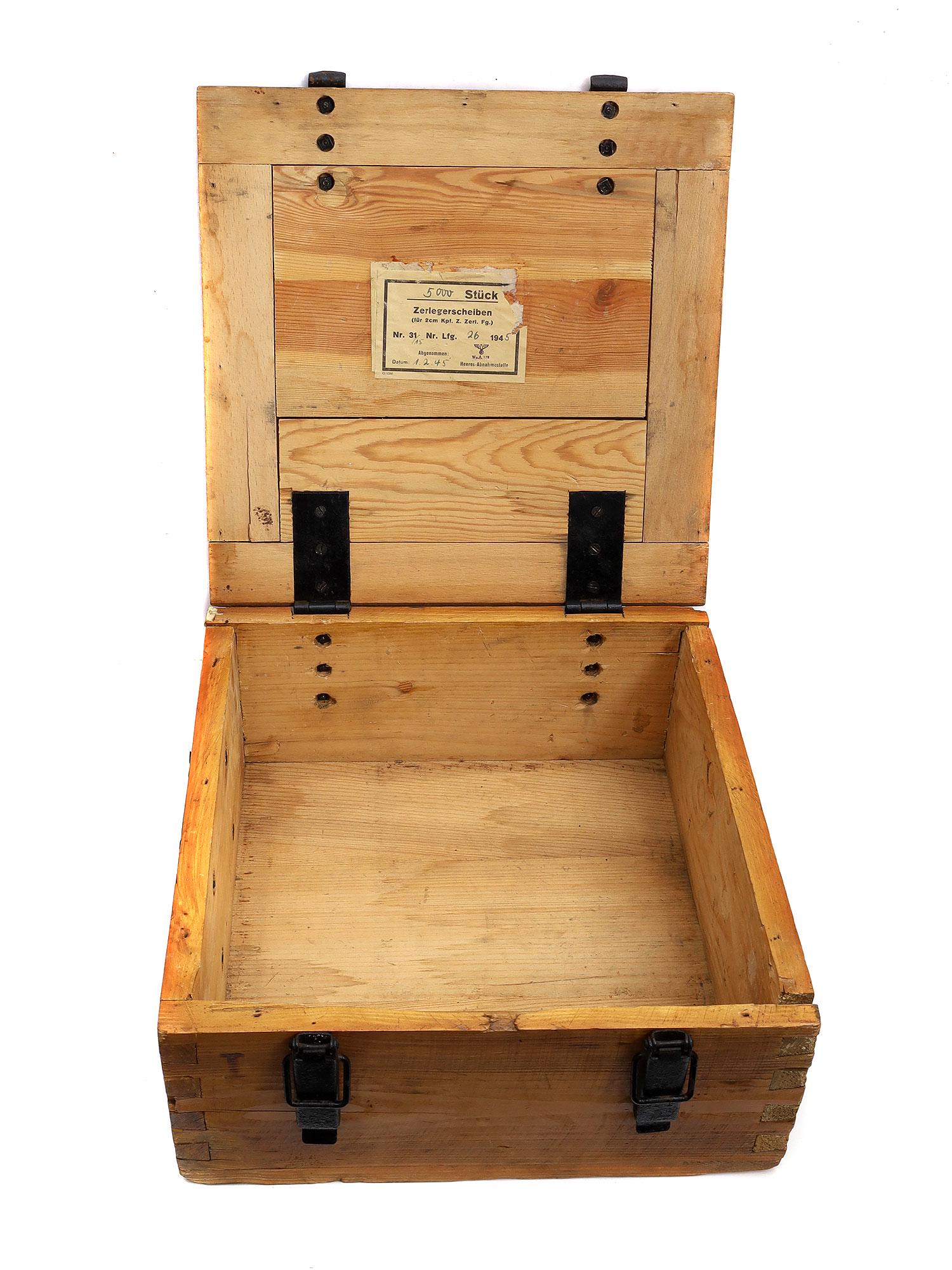 A GERMAN WWII VET BRINGBACK BOX: This German WWII crate was captured by an American soldier, and he sent it back to his family as a war trophy. The soldier's mailing address is written on the back of the box. A very interesting item 