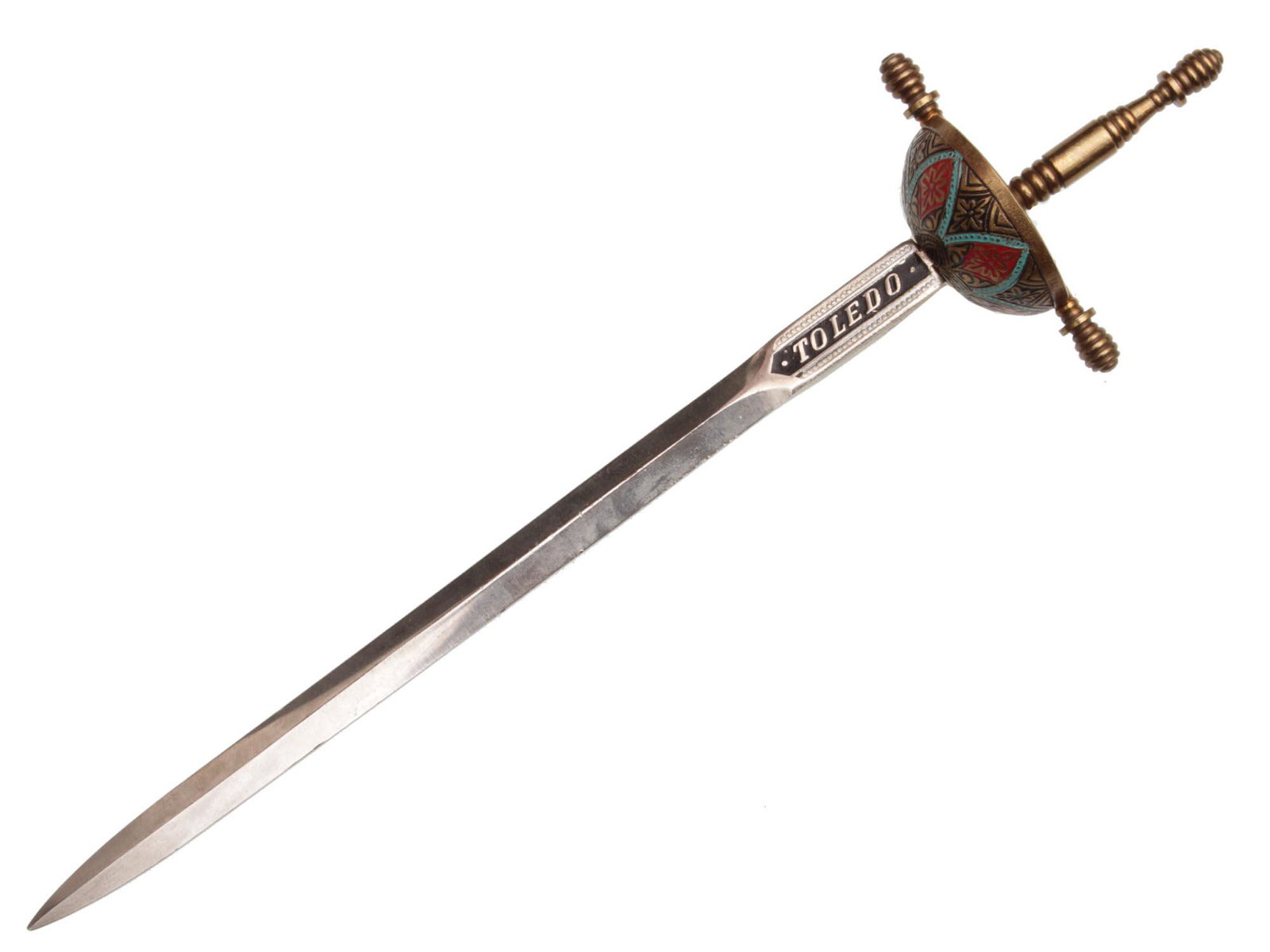 A VINTAGE SPANISH TOLEDO SWORD: This is a souvenir miniature Toledo sword, made in Spain with a beautiful design combining red and blue crossguard. The sword is a miniature version of the traditional bullfighting Toledo that is used