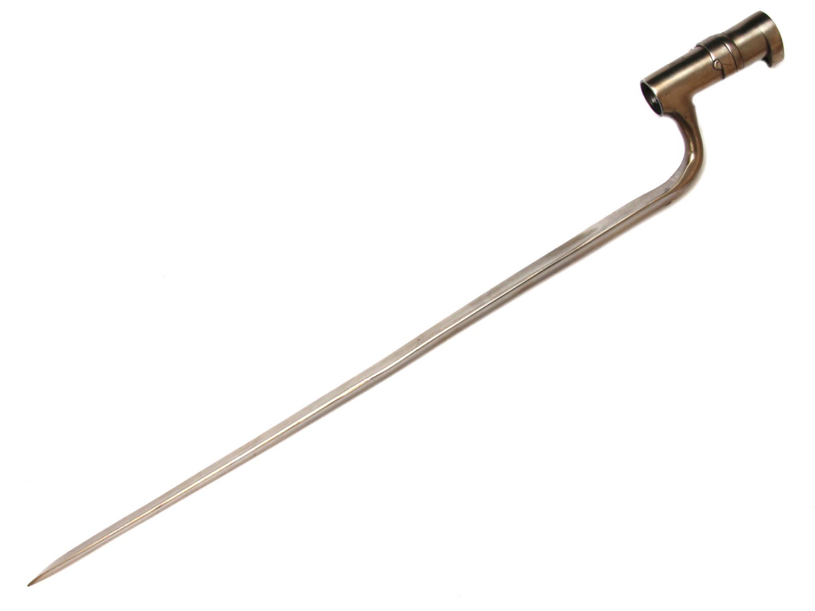 AN ANTIQUE BAYONET: A musket bayonet marked "India." Dimensions: L 21 in.