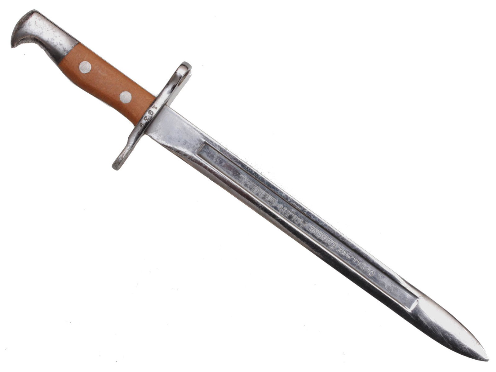 A VINTAGE SWISS BAYONET LETTER OPENER: This is a vintage Swiss miniature bayonet, a beautiful decorative piece that can be used as a letter opener or put on display. The sword features a high-quality blade, stamped with the maker's name Eu