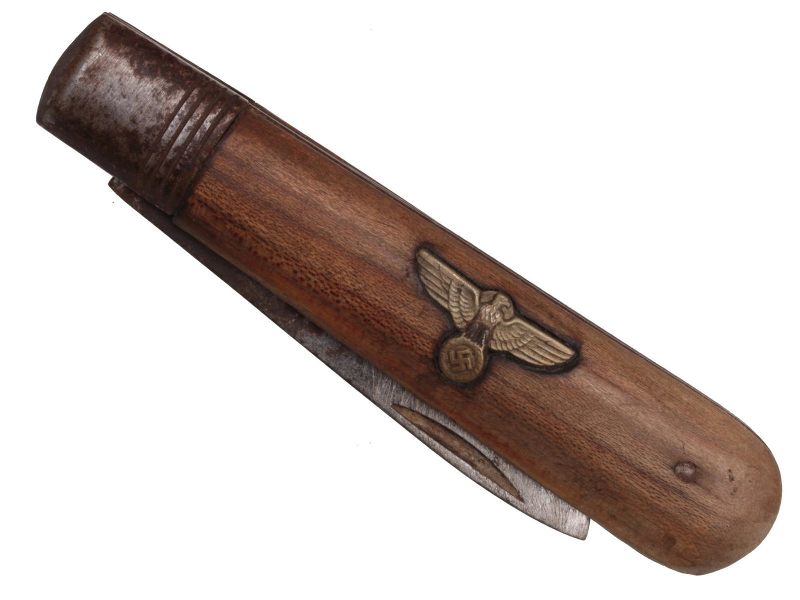 A WWII GERMAN NSDAP OFFICIAL POCKET KNIFE: This is a WWII German Third Reich NSDAP Official's pocket knife. The knife features a wood handle with a Nazi Eagle embedded and a sharp blade. It has the maker's mark partially erased due to the natu