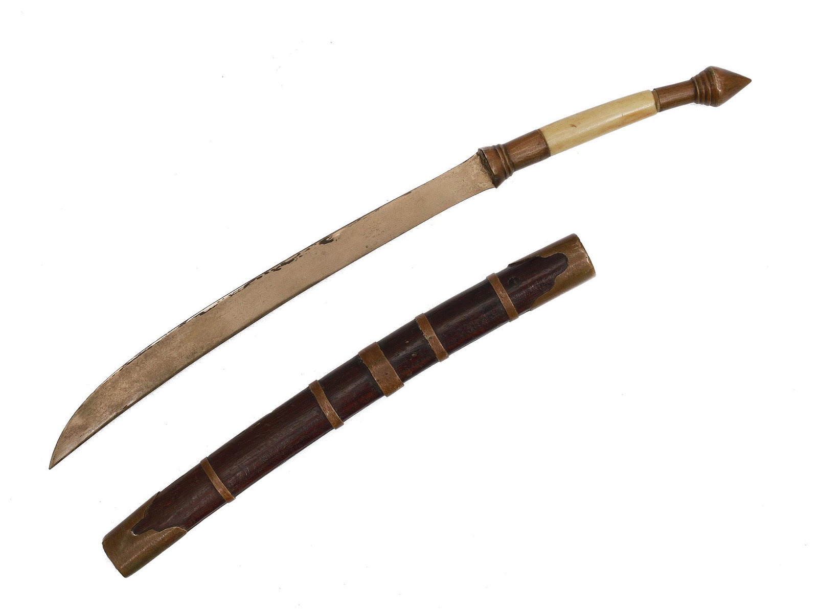 A MINIATURE BURMESE DHA SWORD IN BRASS MOUNTS: A miniature Dha sword with brass mounts. Dimensions: L: 10 1/2 in., (26 cm.)