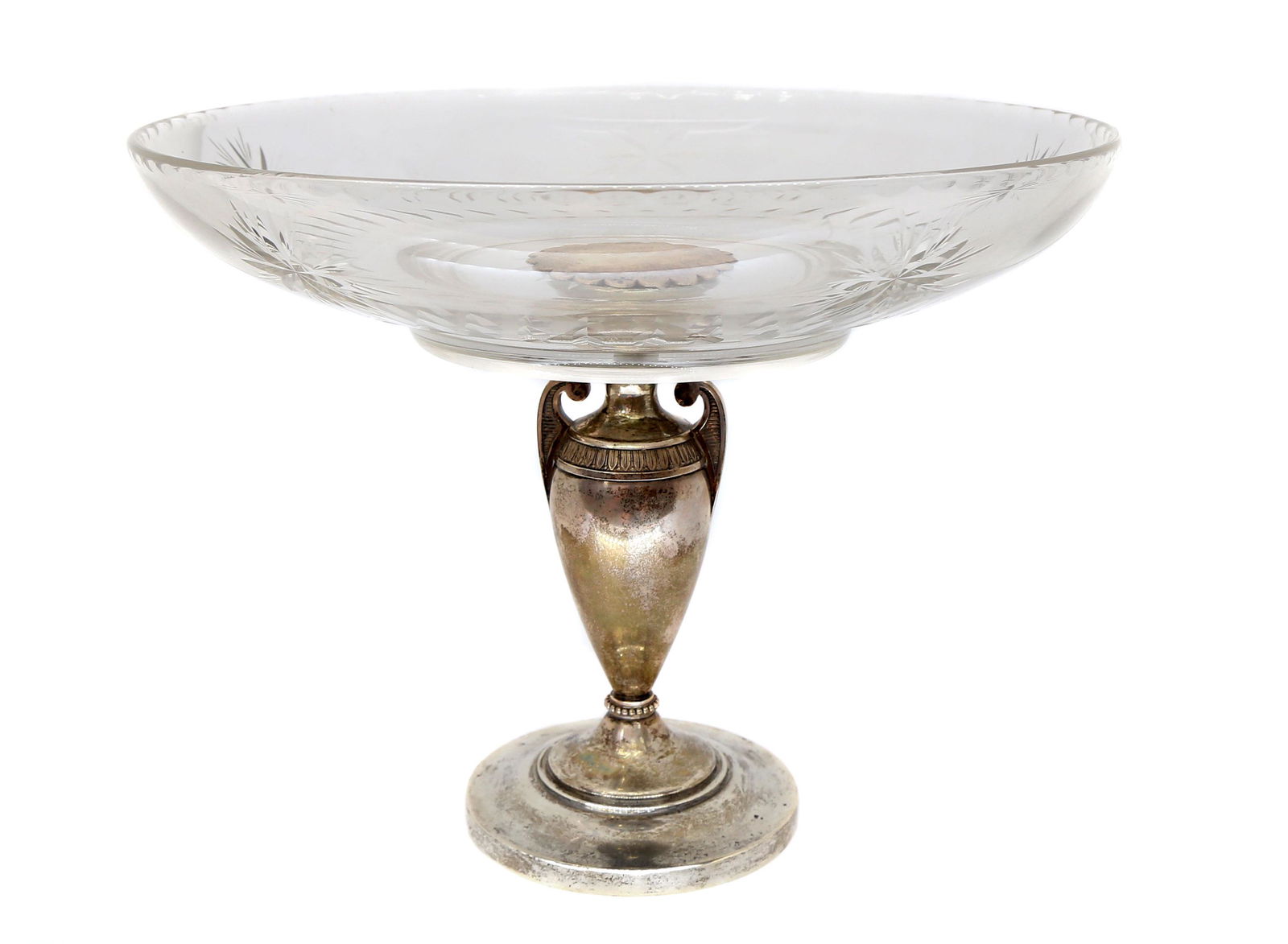 A RUSSIAN CUT-GLASS CENTERPIECE BY GRACHEV: A Russian cut-glass centerpiece, hallmarked by Grachev Brothers, St. Petersburg.Circa 1890.Weight: 13.6 o., (384 g.) Dimensions: H: 9 3/8 in., (24 cm.)Glass D: 12 in., (31 cm.)