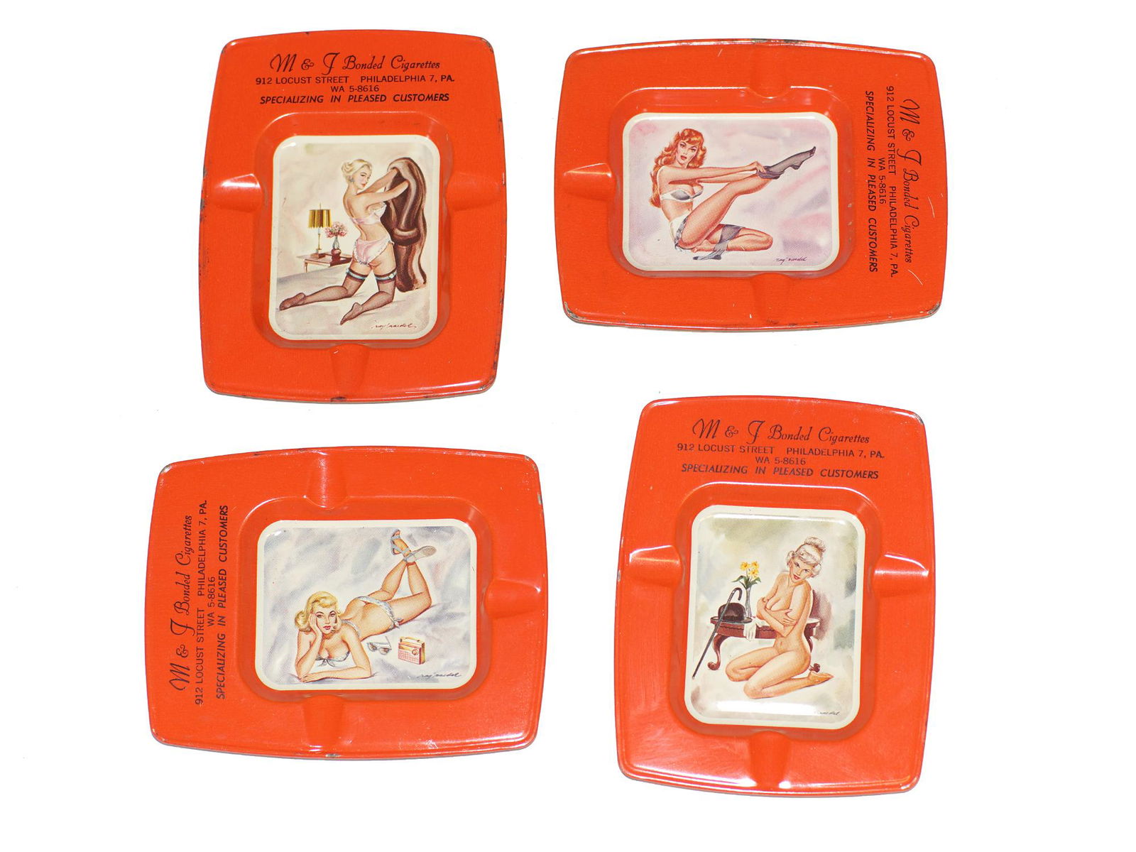 VINTAGE 1950's PINUP GIRLS ASHTRAYS: Vintage 1950's Set of 4 M & J Bonded Cigarettes pinup girl cigarette ashtrays. Dimensions: 4.75 x 3.75 in.