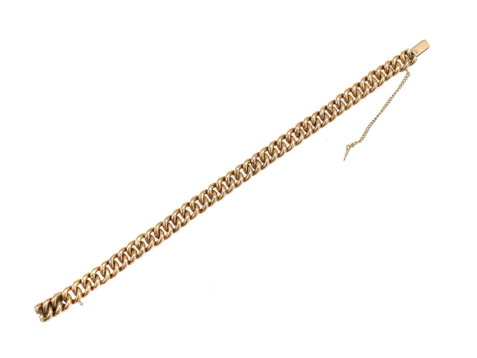AN ANTIQUE RUSSIAN 56 GOLD BRACELET: An antique Russian yellow gold hand bracelet, decorated with an additional small fastening chain. Marked with 56 gold standard and makerâ€™s marks.Weight: 0.4 oz., 12 g. Dimensions: Length with c