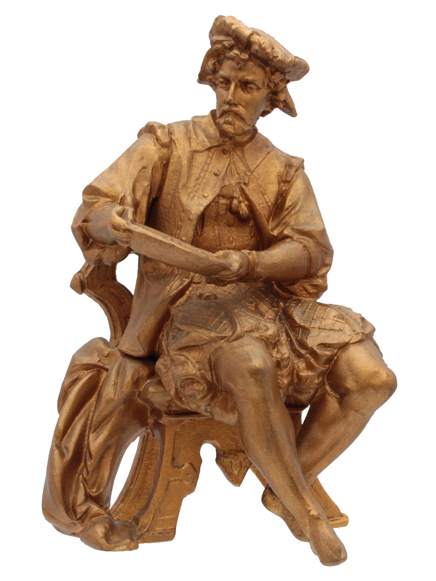 AN ANTIQUE FRENCH GILT METAL FIGURE 19TH C: The statuette depicts a man in a late Renaissance costume sitting in a chair. In his hands, he holds an oval dish with a writhing snake. Judging by the dress and posture, it can be assumed that a scie