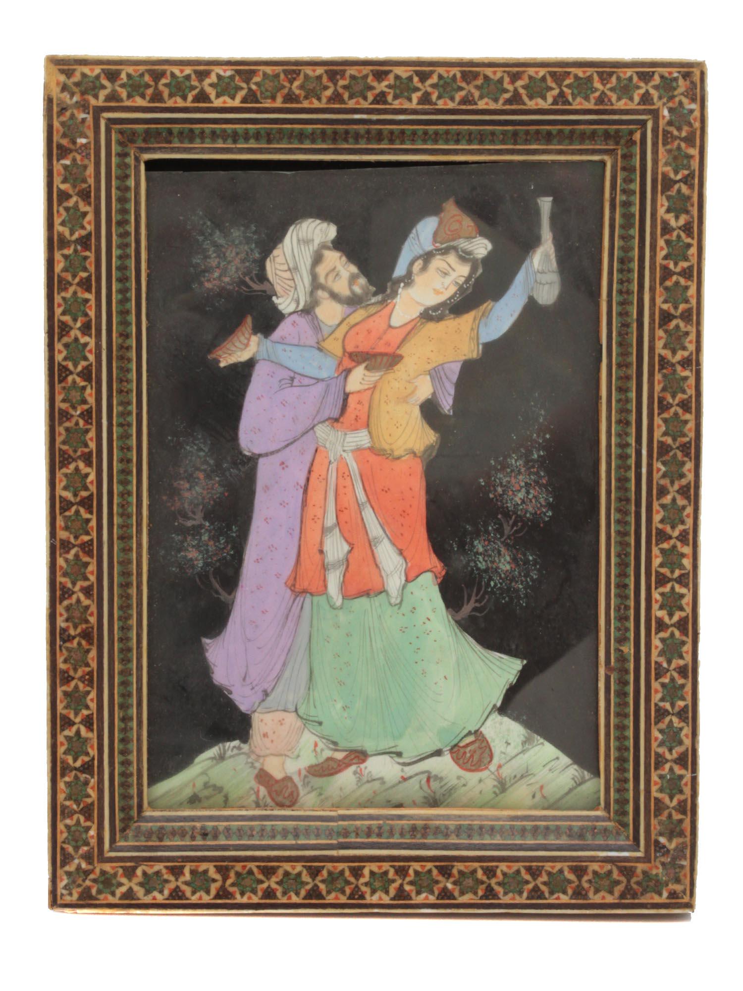 AN ANTIQUE FRAMED PERSIAN PAINTING: Ðn antique Persian watercolor painting, depicting a man and a woman. Decorated in a beautiful wood inlay frame with patterns all over the surface. Dimensions: Frame: 6 3/4 x 8 3/4 in. Image: 4 3/4 x