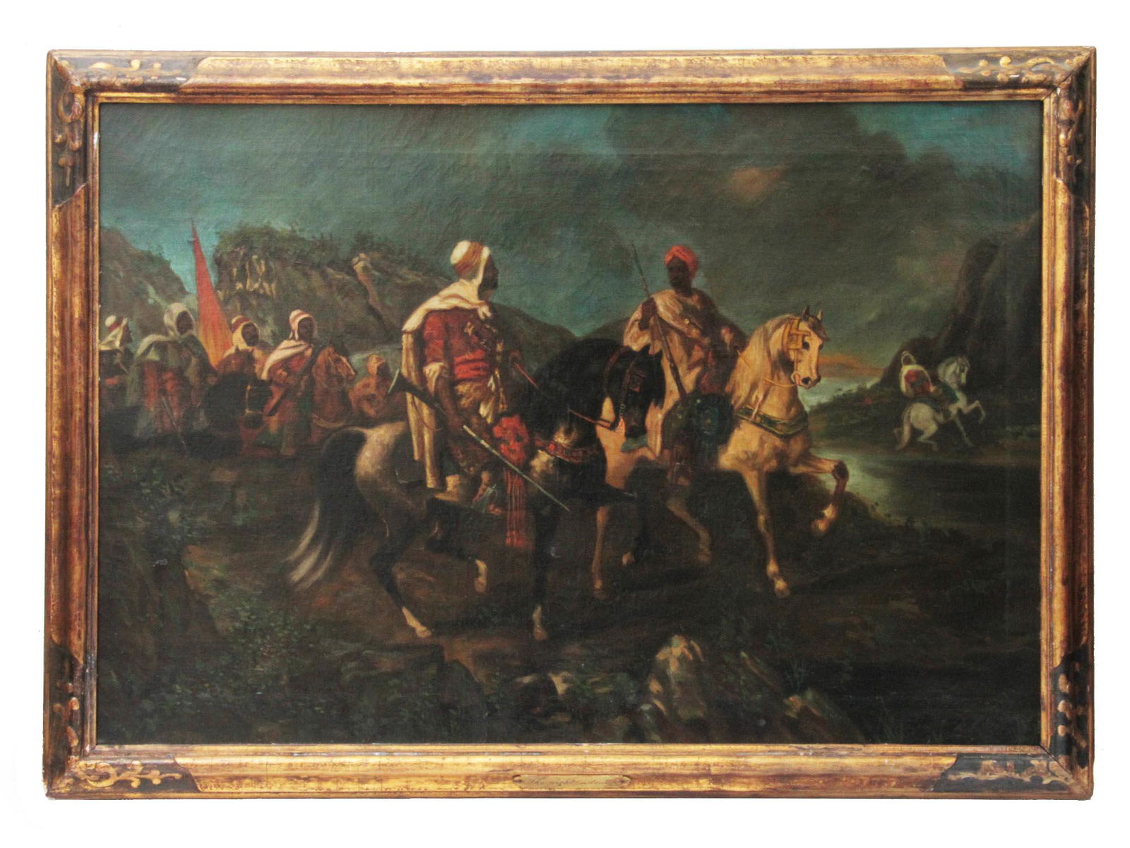 AN ANTIQUE OIL ON CANVAS PAINTING SIGNED MOSLER: An antique 19th-century oil on canvas painting "The night advance" Signed "Mosler", after Henry Mosler (1841 - 1920) or Gustave Mosler (1875 - 1906). The painting depicts a group of armed horsemen aga