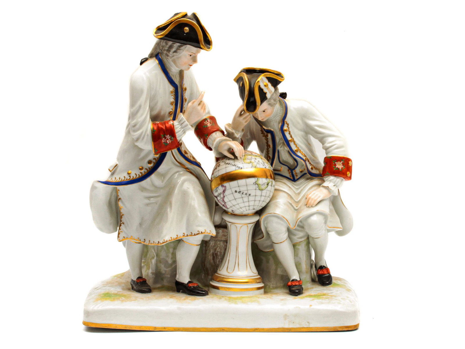 A MEISSEN STYLE PORCELAIN FIGURINE LATE 19TH C.: An antique porcelain hand-painted figurine depicting two travelers in the 18th-century costumes studying the globe. Careful elaboration of details, some elements are emphasized by gilding.Late 19th ce
