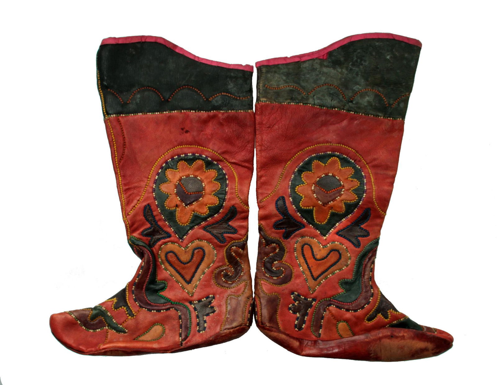 AN ANTIQUE PAIR OF RUSSIAN BOOTS (TORZHOK): A rare pair of Russian end-of-the-19th-cen Torzhok style leather boots probably from the Ryazan Region. This style of footwear was used and affordable only by upper-middle-class, made of dyed leather