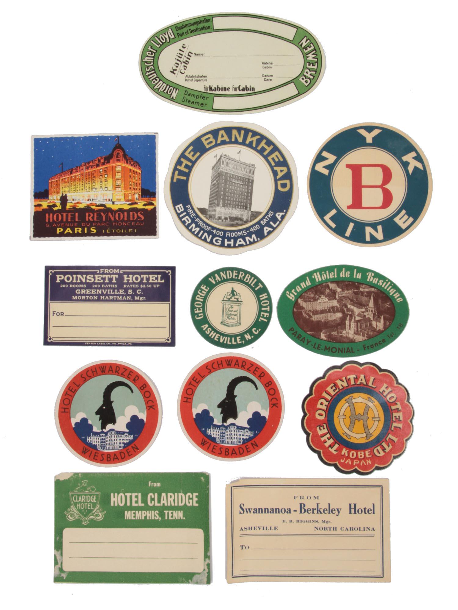 A SET OF 12 VINTAGE HOTEL DECAL STICKERS: A set of 12 vintage colorful hotel decal stickers, cards, and luggage label from The USA, Germany, France, Japan, and Great Britain. The set of hotel stickers includes Hotel Claridge, Swannanoa-Berkel