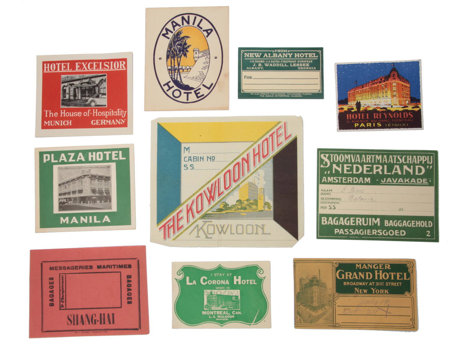 A SET OF 10 VINTAGE HOTEL DECAL STICKERS: A set of 10 vintage colorful hotel decal stickers, cards, and luggage labels from The USA, Germany, France, Japan, Philippines, Netherlands, and Hong Kong. The set of hotel stickers includes La Corona