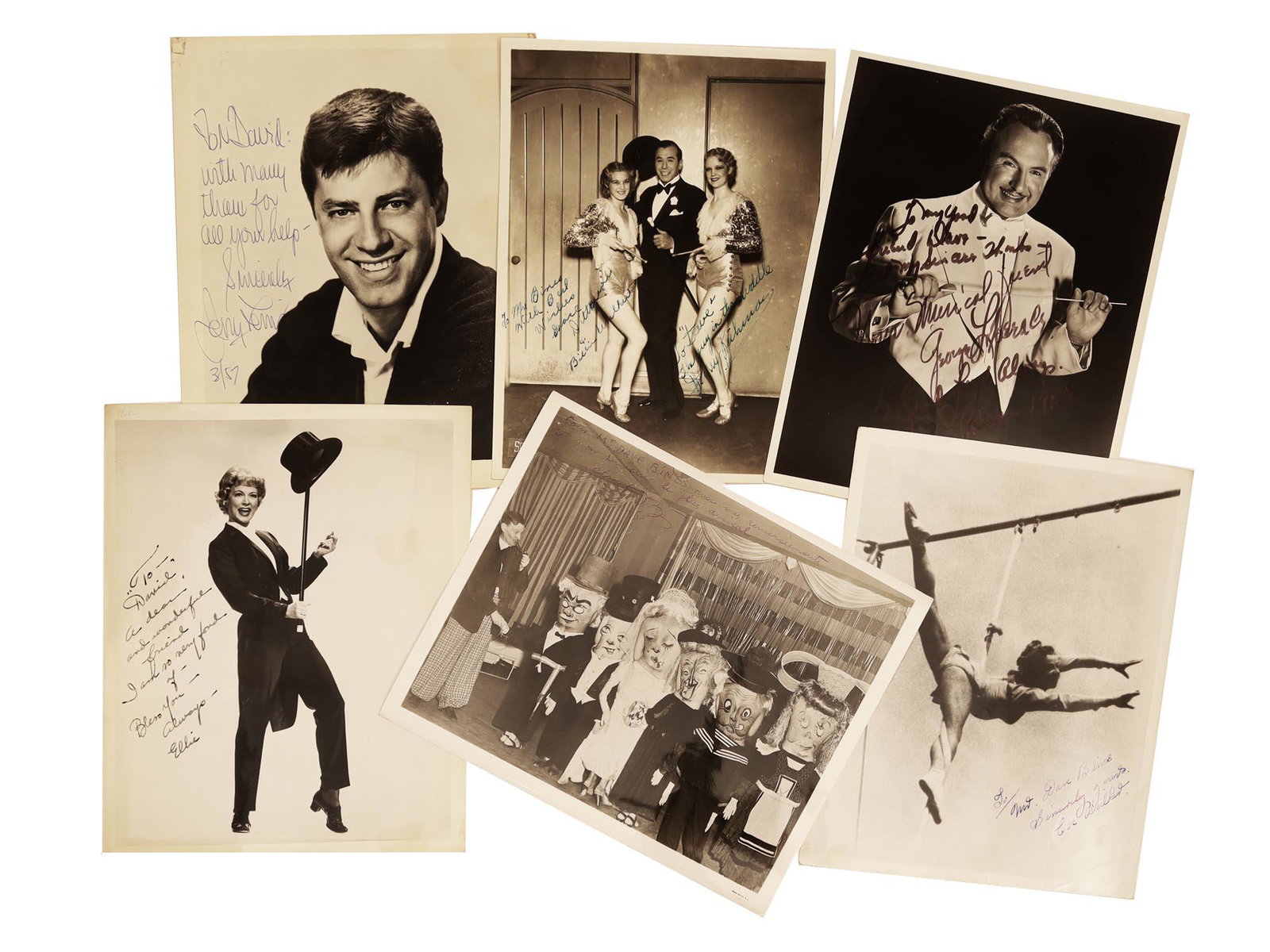 A SET OF 6 CELEBRITIES PHOTO SIGNED FOR D. BINES: This lot includes six signed photos of American celebrities. There is one photo signed by the dancer and actress Eleanor Powell. Another autographed photo of Joseph Levitch known as Jerry Lewis, who w