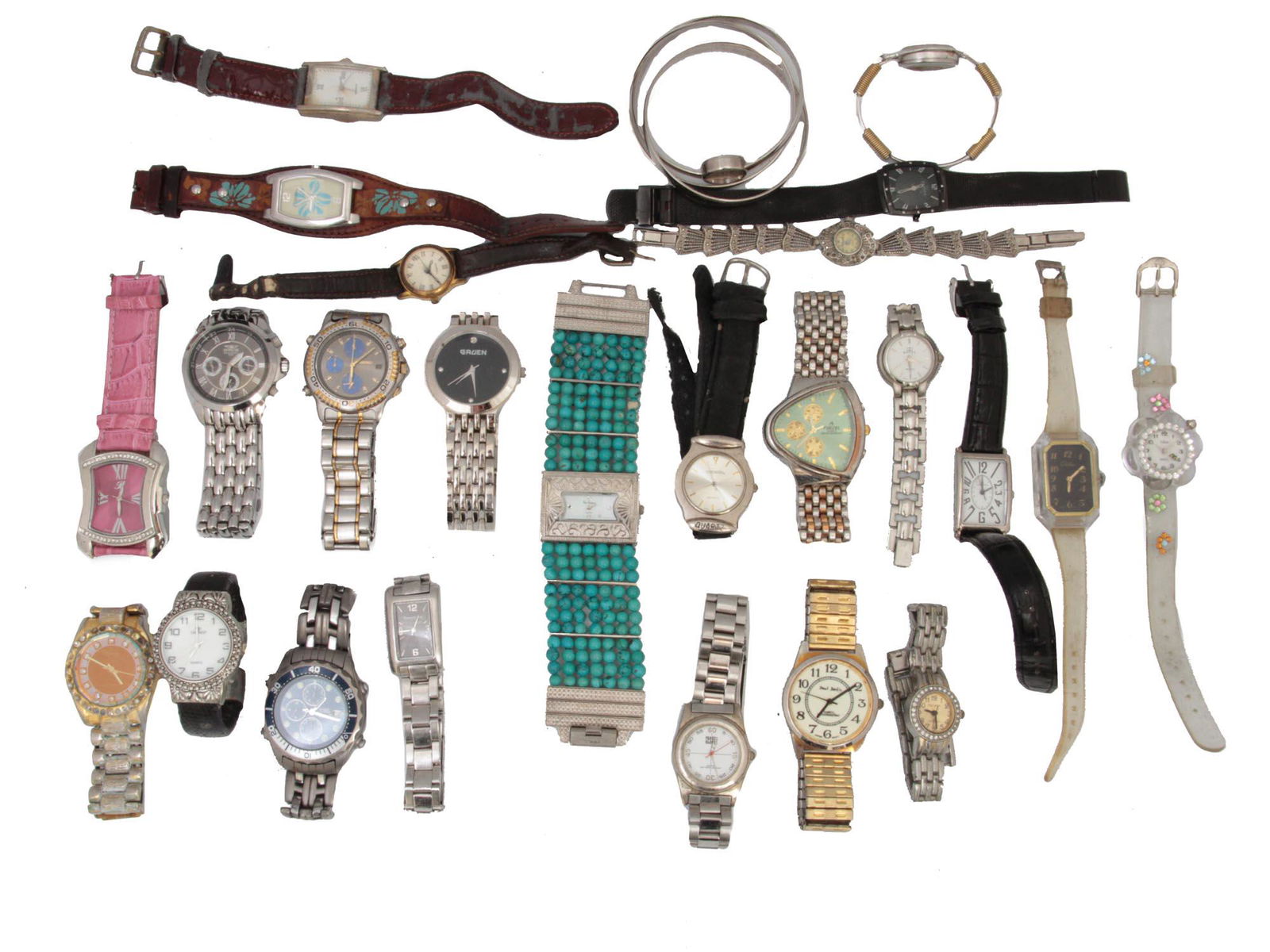 A LOT OF 25 VINTAGE ASSORTED WATCHES: This is a lot of Collectible automatic watches for men and women, some of the manufacturing companies are: Citizen, Cannes, Gruen, Geneva, Fuezel, Paul Jardin, Seiko, Skagen, among others. All circa 2