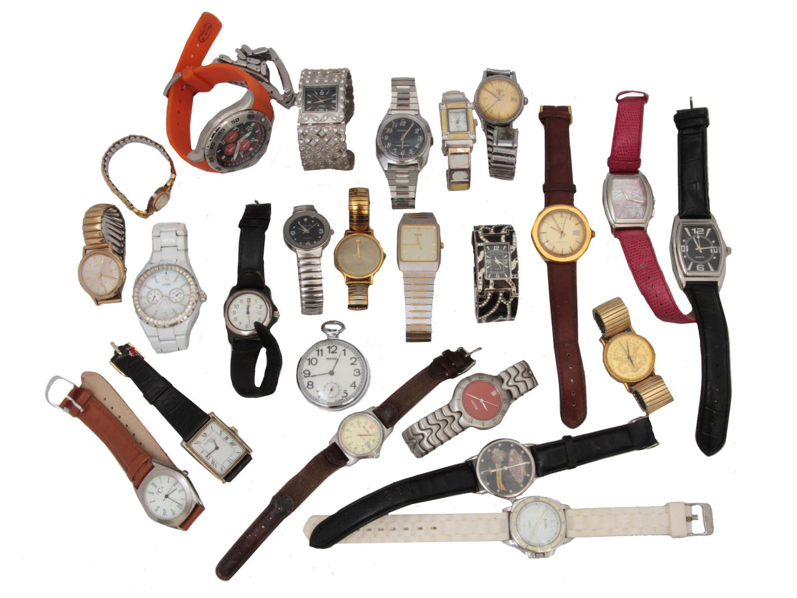 A LOT OF 25 VINTAGE ASSORTED WRIST WATCHES: This is a fine lot of collectible men and women watches, some of the manufacturing companies are: Elini, Bora, Bulova, CITIZEN, GUESS, NAUTICA, Timex, Vivani, PCA, Wenger, Seiko, among others. All cir