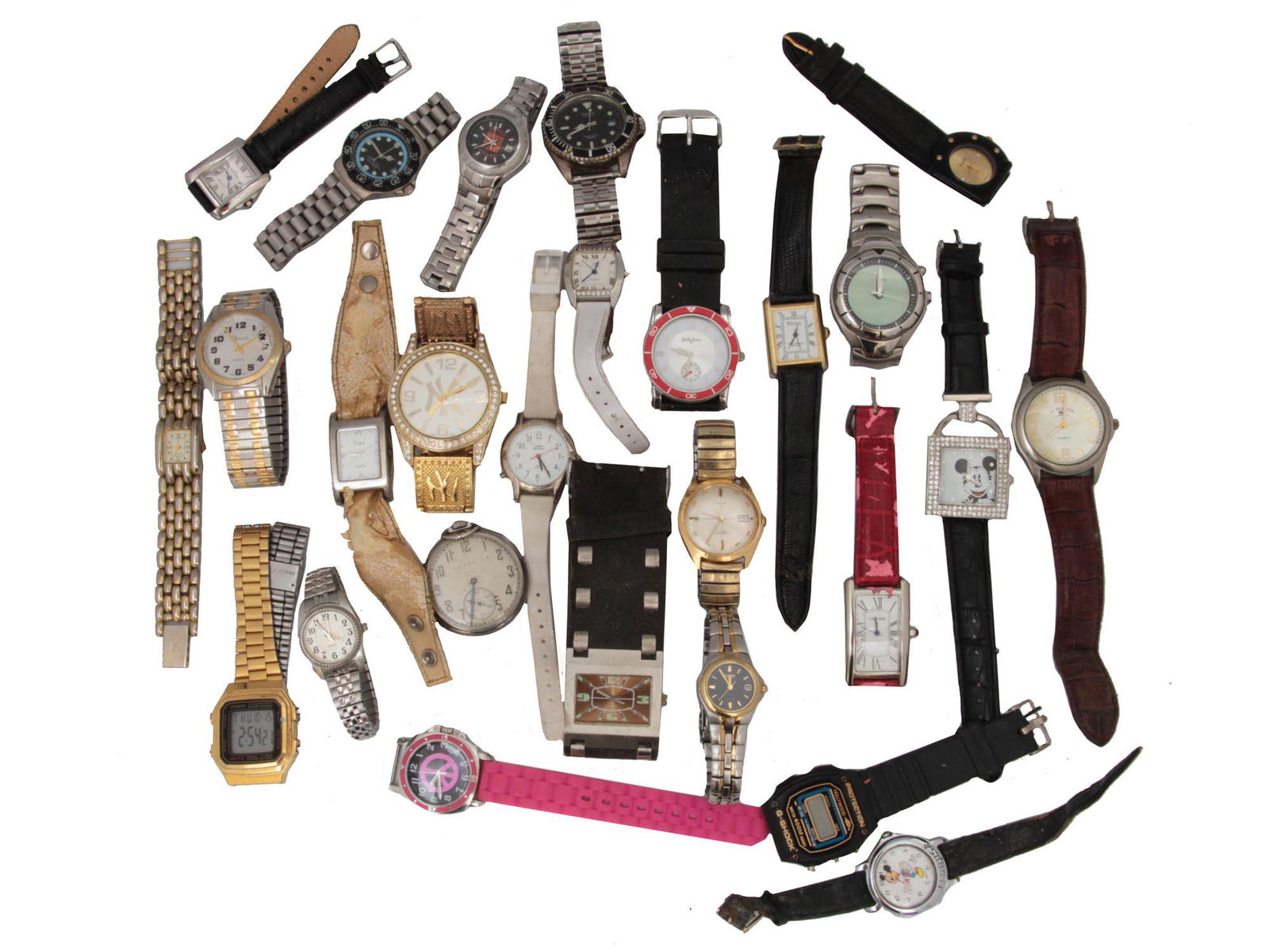 A LOT OF 26 VINTAGE ASSORTED WRIST WATCHES: This is a lot of collectible watches for men and women, some of the manufacturing companies are: Citizen, Cartier, FOSSIL, Disney Company, Concord, Klaus Kobec, Hamilton Electra, Geneva, Walt Disney P