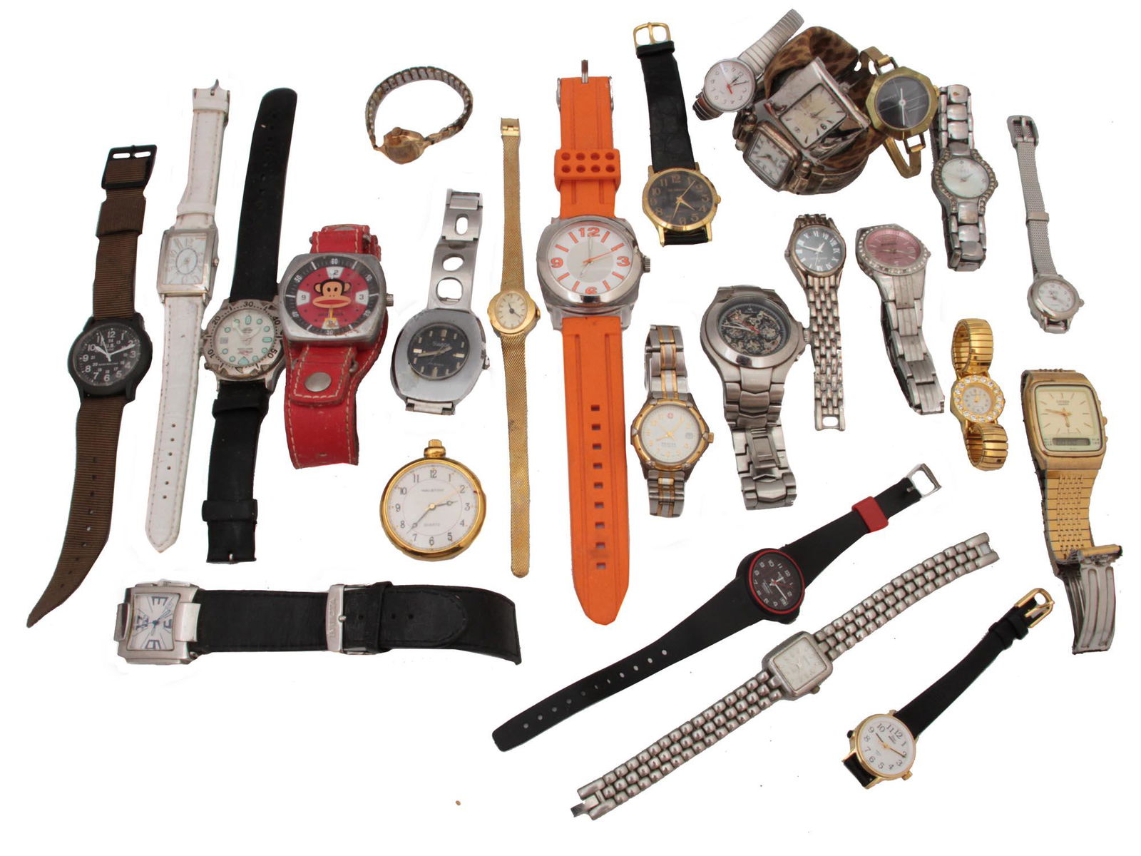 A LOT OF 26 VINTAGE ASSORTED WRIST WATCHES: This is a fine set of collectible men and women watches, some of the manufacturing companies are: Armitron, Ebel, Invicta, CITIZEN, Fossil, Rovel, Timex, Halston, Wenger, among others. All circa 20th