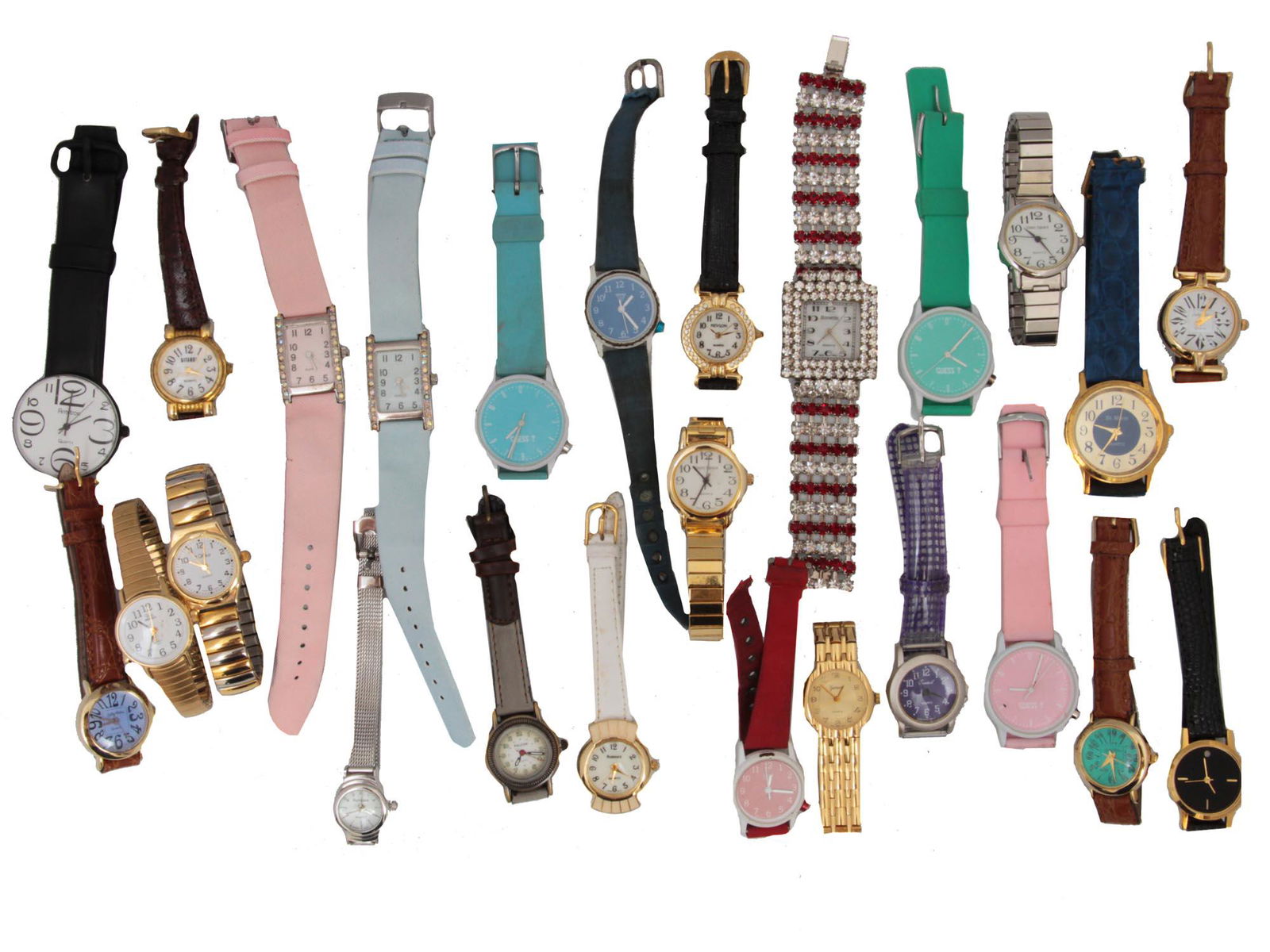 A LOT OF 25 VINTAGE ASSORTED WRIST WATCHES: This is a lot of collectible watches for men and women, the manufacturing companies are: Armitron, Bonetto, Eurotech, GUESS, Geneva, 7 West, Timex, Times Square, Lucky Star, Rumours, among others. All