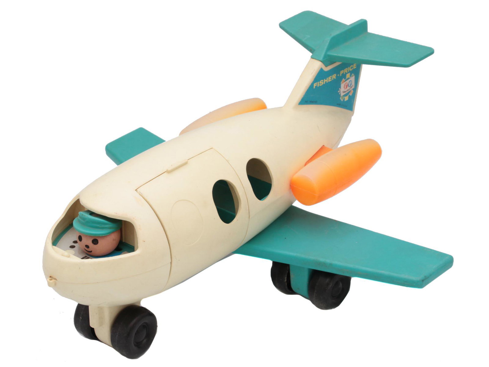 A FISHER PRICE LITTLE PEOPLE 996 JET AIRPLANE TOY: A vintage Little People 996 Jet Airplane by Fisher Price Company made in 1972 in the USA, East Aurora. Large Jumbo-jet-style 4-seat toy white plane with blue wings and tail, orange turbines, and a hin
