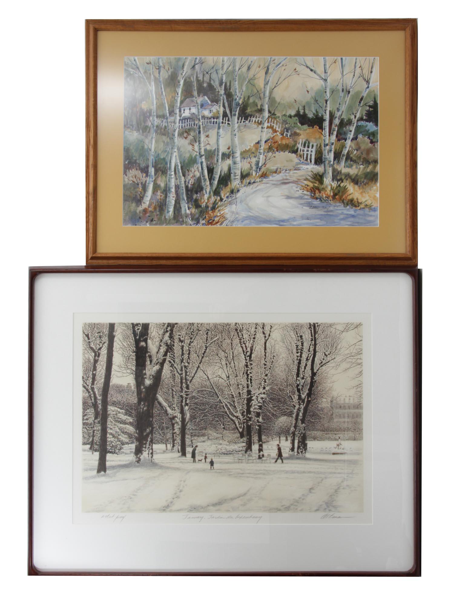 TWO FRAMED AND SIGNED VINTAGE ARTWORKS: The lot includes: 1. A framed lithograph print by Harold Altman January Jardin Du Luxembourg. Signed in pencil at the lower right, titled at the center;2. A watercolor painting on paper, depicting an