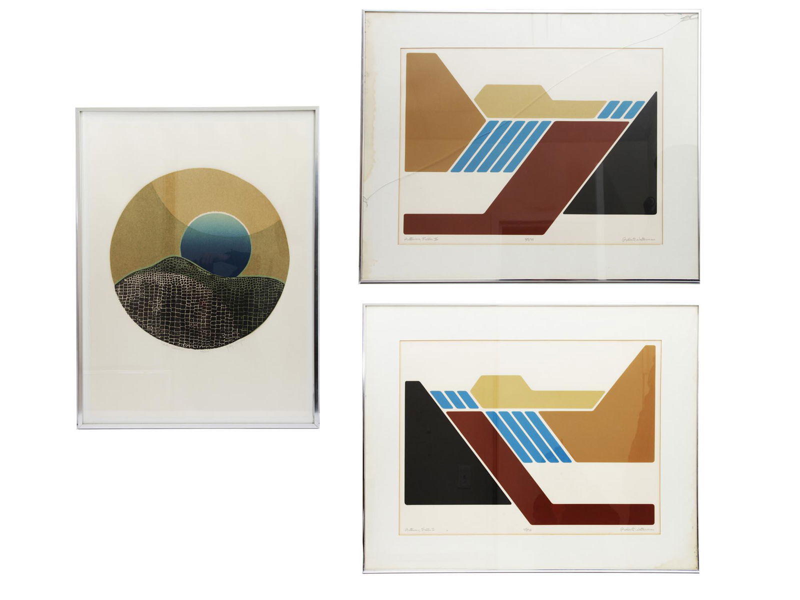 THREE ORIGINAL LIMITED EDITION SIGNED LITHOGRAPHS: The lot includes: A limited edition print, signed by artist Judy Targan titled Winter Solstice and numbered 42/200, presented in a thin chrome frame under glass;Two signed prints by artist Robert Wate