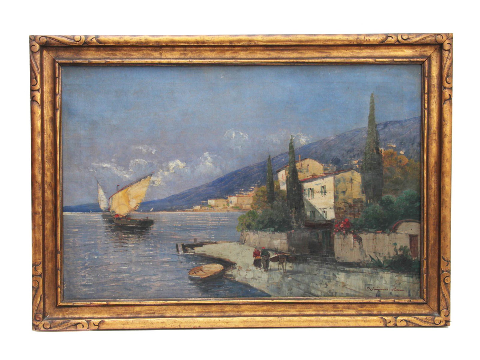 AN ANTIQUE HANS WAGNER OIL ON CANVAS PAINTING: An oil on canvas painting depicting an Italian view by Hans Wagner (German, 1885-1953). Painted in an impressionist manner. Signed at the lower right. Presented in a gilded wooden frame with decorativ