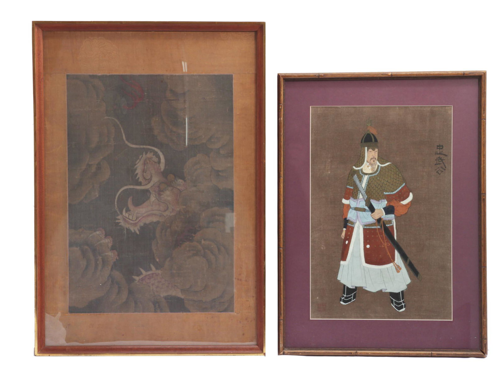 A CHINESE AND JAPANESE MILITARY PAINITNGS, 19TH CEN.: A lot of two 19th century paintings. The first one is a Chinese painting depicting Xu Da, a Ming Dynasty general, the other depicts a characteristic Japanese dragon catching a pearl. Dimensions: Frame