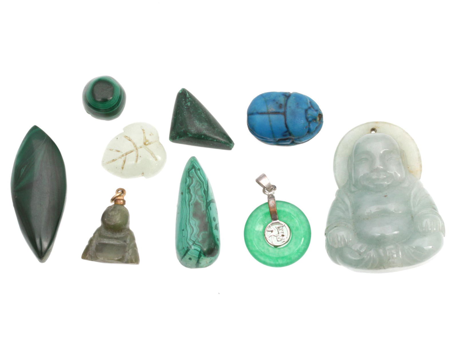 A LOT OF ANTIQUE AND VINTAGE CHINESE PENDANTS: A lot of nine antique and vintage Chinese pendants. Included: malachite stones, carved turquoise stone, carved jade pendants, one with a silver colored hook for hanging, marked LJ. Dimensions: Smalles