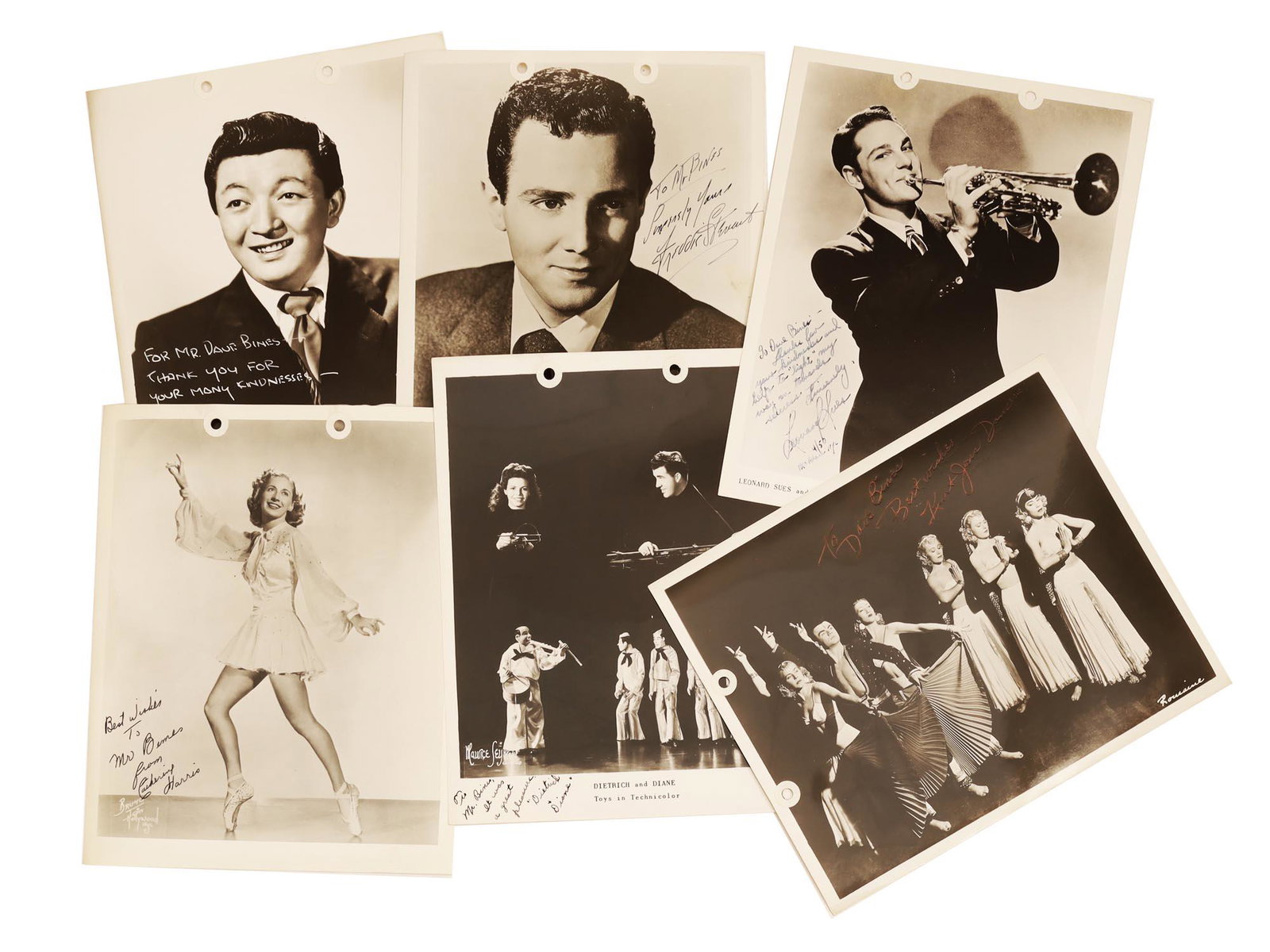 A SET OF 6 CELEBRITIES PHOTO SIGNED TO D. BINES: This lot includes six signed photos of American celebrities. There is one photo signed by the musician Leonard Sues. Another autographed photo of the American singer and actor Jack Soo, among other ar