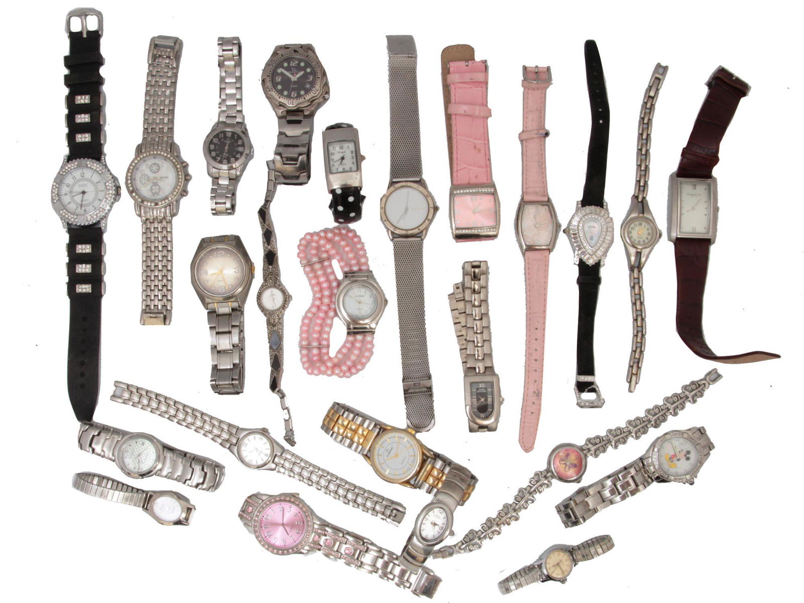 A LOT OF 24 VINTAGE ASSORTED WATCHES: This lot includes fine automatic watches for men and woman, some of the manufacturing companies are: Armitron, Absolut, Affinity, Geneva, Gloria Vanderbilt, Kenneth Cole, Romano, Victoria Wieck, Timex